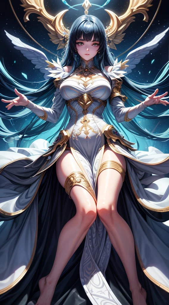 (best quality, 4k, 8k, high resolution, masterpiece: 1.2), ultra-detailed, hauntingly beautiful, powerful, mystical, majestic, mysterious, enchanting, elegant, seductive, goddess, beauty, attractive, divine, long white dress, Divine dress,floating, shining, robes fluttering, delicate and detailed features, piercing eyes, radiant skin, on a bed, a shining tower, vast wuarto, divine beauty, solemn atmosphere, face portrait
