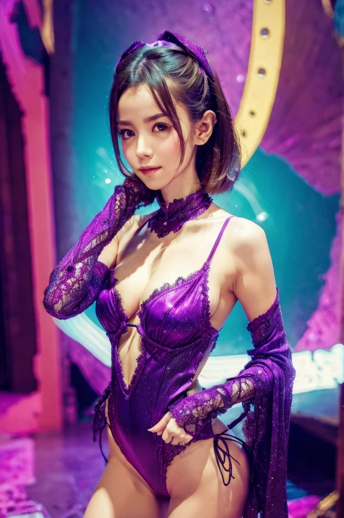 best quality, 8k, highly detailed face and skin texture, high resolution, sexy girl in colorful bodysuit, fantastic style background image, magical style, sharp focus