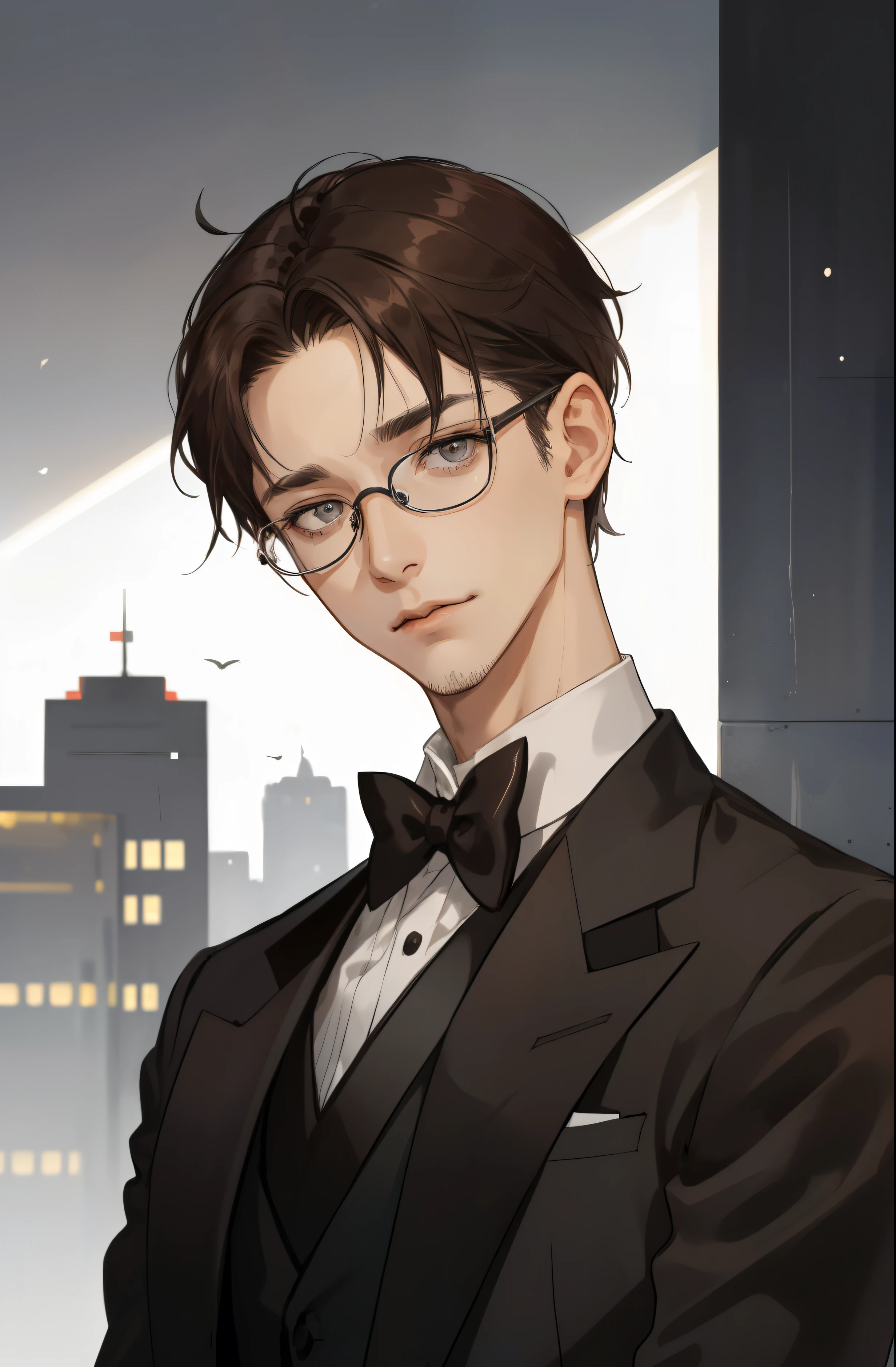 (((1 man))), (((mature))), (((36yo))), Slim, short hair, dark brown hair color, grey eyes, tuxedo, round glasses