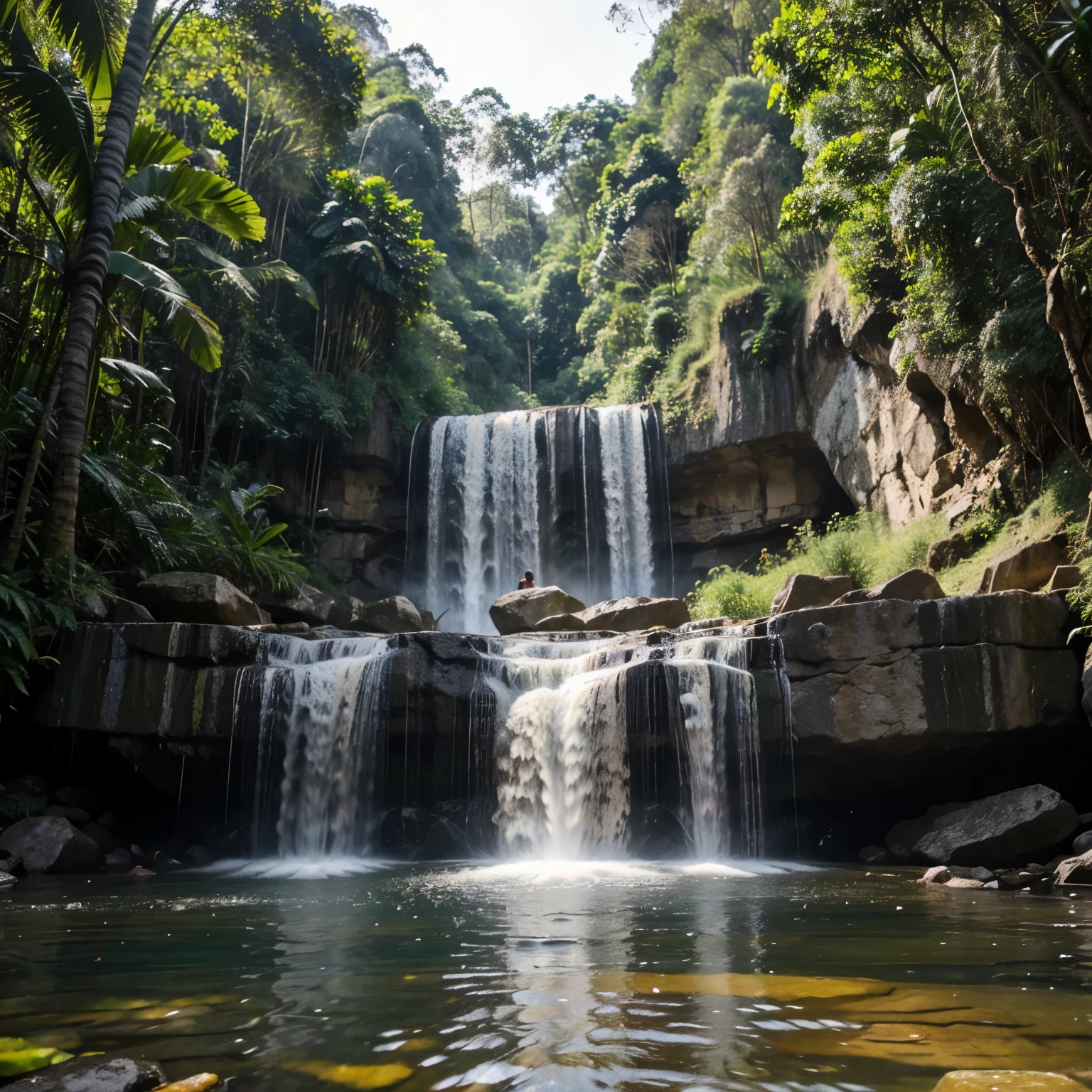 Pendekar tua, bertapa, berlatar belakang air terjun