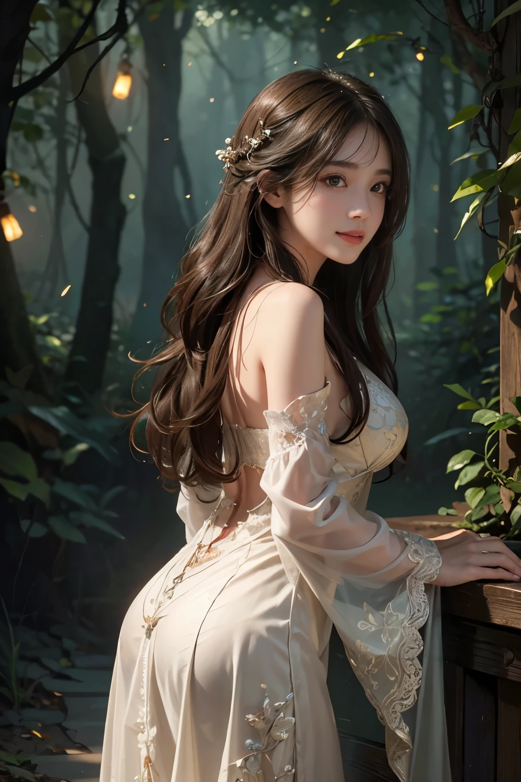 (Masterpiece:1.2), best quality, (illustration:1.2), (ultra-detailed), hyper details, (delicate detailed), (intricate details), (cinematic light, best quality Backlights), clear line, from below, soloist, soft lights, ethereal, magical looking, a candid looking girl with soft curly black hair, brown eyes, forest, fairytale, full body, perfect body, big breasts, magical, light particles, fireflies, cute smile