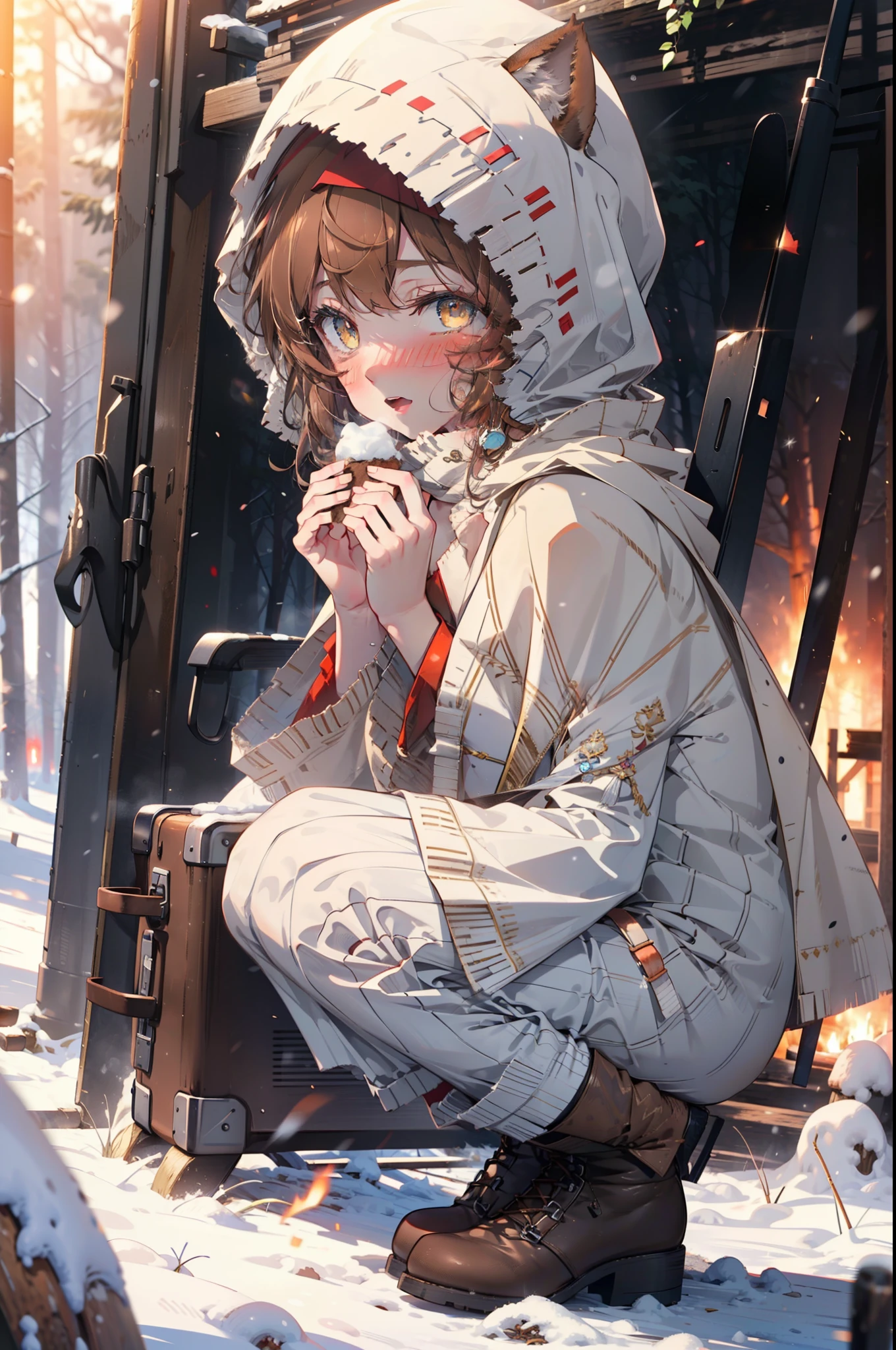 Liliru Card, Liliruca gets burned, Animal ears, (Brown eyes:1.7), Brown Hair, (Flat Chest:1.2), short hair,smile,blush,White Breath,
Open your mouth,snow,Ground bonfire, Outdoor, boots, snowing, From the side, wood, suitcase, Cape, Blurred, having meal, forest, White handbag, nature,  Squat, Mouth closed, Cape, winter, Written boundary depth, Black shoes, red Cape break looking at viewer, Upper Body, whole body, break Outdoor, forest, nature, break (masterpiece:1.2), highest quality, High resolution, unity 8k wallpaper, (shape:0.8), (Beautiful and beautiful eyes:1.6), Highly detailed face, Perfect lighting, Extremely detailed CG, (Perfect hands, Perfect Anatomy),