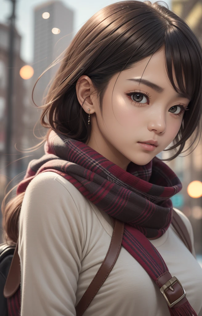 ((Waist half)) Beautiful anime girl /// (Features) Wearing detailed combat uniforms ((respite & Rusty)) With scarf, Upper body shooting, Delicate skin, Face in focus, Detailed eyes and pupils, Detailed hair, Intricate details and sharp, masterpiece, Global Illumination, true shadow, Bokeh, best quality, photoPractical, Practical, 8k