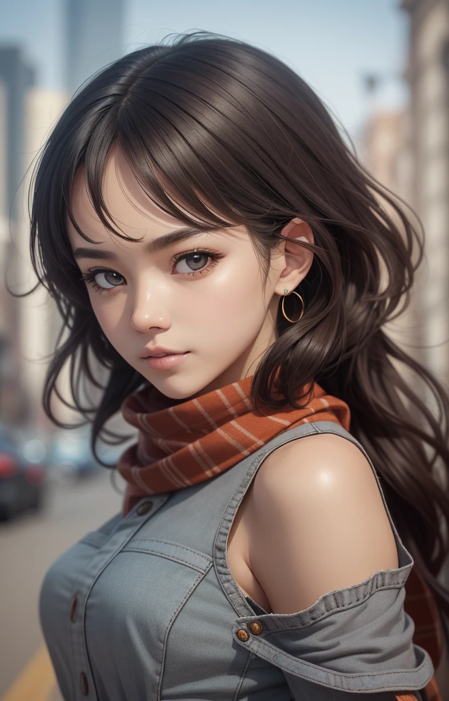 ((Waist half)) Beautiful anime girl /// (Features) Wearing detailed combat uniforms ((respite & Rusty)) With scarf, Upper body shooting, Delicate skin, Face in focus, Detailed eyes and pupils, Detailed hair, Intricate details and sharp, masterpiece, Global Illumination, true shadow, Bokeh, best quality, photoPractical, Practical, 8k