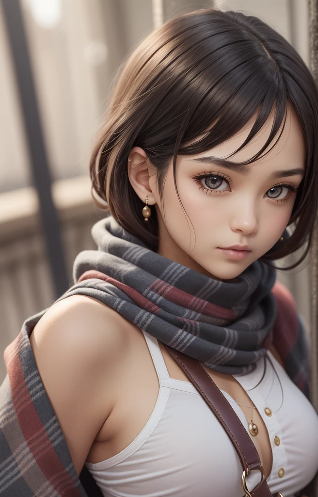 ((Waist half)) Beautiful anime girl /// (Features) Wearing detailed combat uniforms ((respite & Rusty)) With scarf, Upper body shooting, Delicate skin, Face in focus, Detailed eyes and pupils, Detailed hair, Intricate details and sharp, masterpiece, Global Illumination, true shadow, Bokeh, best quality, photoPractical, Practical, 8k