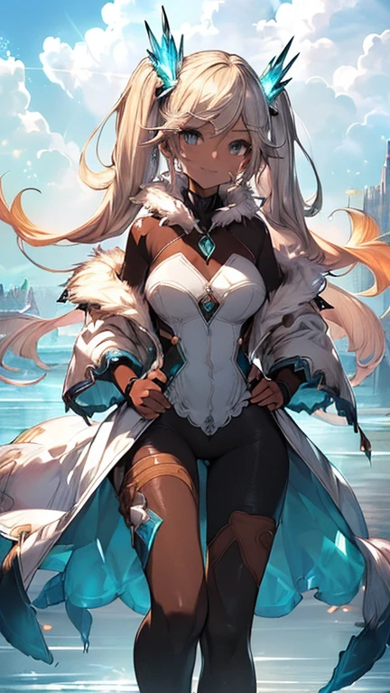 ioeuclase, hair ornament, white dress, black thighhighs, detached sleeves, wariza,grass,sky,smile, intricate eyes,beautiful detailed eyes,symmetrical eyes,big eyes:1.5,(((dark skin,dark_skin,lustrous skin:1.5,bright skin: 1.5,skin tanned,shiny skin,very shiny skin,shiny body,plastic glitter skin,exaggerated shiny skin,illuminated skin))),(,detailed body,(detailed face)), cute,slutty,erotic,daring,(((nsfw))), zettai ryouiki,revealing clothing,show skin,(((Sexy aqua fur coat, aqua fur coat outfit, wearing a ice dress:1.3,aqua winter coat))), ((ice dress,elegant ice dress)),(white gloves,white clothes,(((intricate outfit,intricate clothes,embroidered outfit,ornate outfit,embroidered clothes,ornate clothes))), (dynamic pose:1.0),embarrassed,(centered,scale to fit dimensions,Rule of thirds), ((snowy pine forest)),winter,scenery:1.25,((intricate scenery)),((snow forest background)),Christmas tree, (Glossy winter ornaments),highres,sharp focus,(ultra detailed,extremely detailed),(photorealistic artwork:1.37),(extremely detailed CG unity 8k wallpaper),(((vibrant colors,vibrant theme))),(intricate),(masterpiece),(best quality),