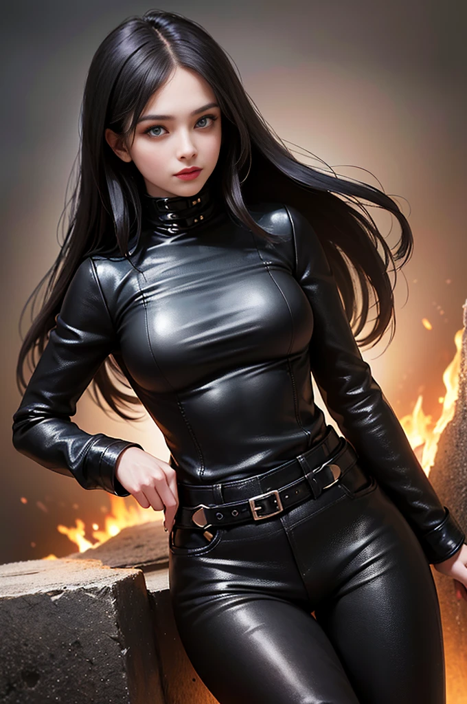 (Dentate skin:1.5), Practical, Reality, (masterpiece:1.5), concept art, Intricate details, Very detailed, Reality, Octane Rendering, 8k, Unreal Engine, Dynamic poses, best quality, high resolution, (Realistic face:1.1), (Surrealism:1.1), (((full_Body))), Perfect eyes,(Glowing skin:1.2), (((hairstyle))), (((Perfectly handcrafted extremely detailed background), ((Dynamic Background)), ((1 Girl)), Wearing a black leather jacket, Black leather trousers, Black T-shirt, Black Boot Jacket))), ((Delicate eyes, High quality eyes, High quality face shape)), (extremely sophisticated jacket), Black long hair, dramatic, Depth of Field, Bokeh, 4K, (((hell))), ((standing posture))