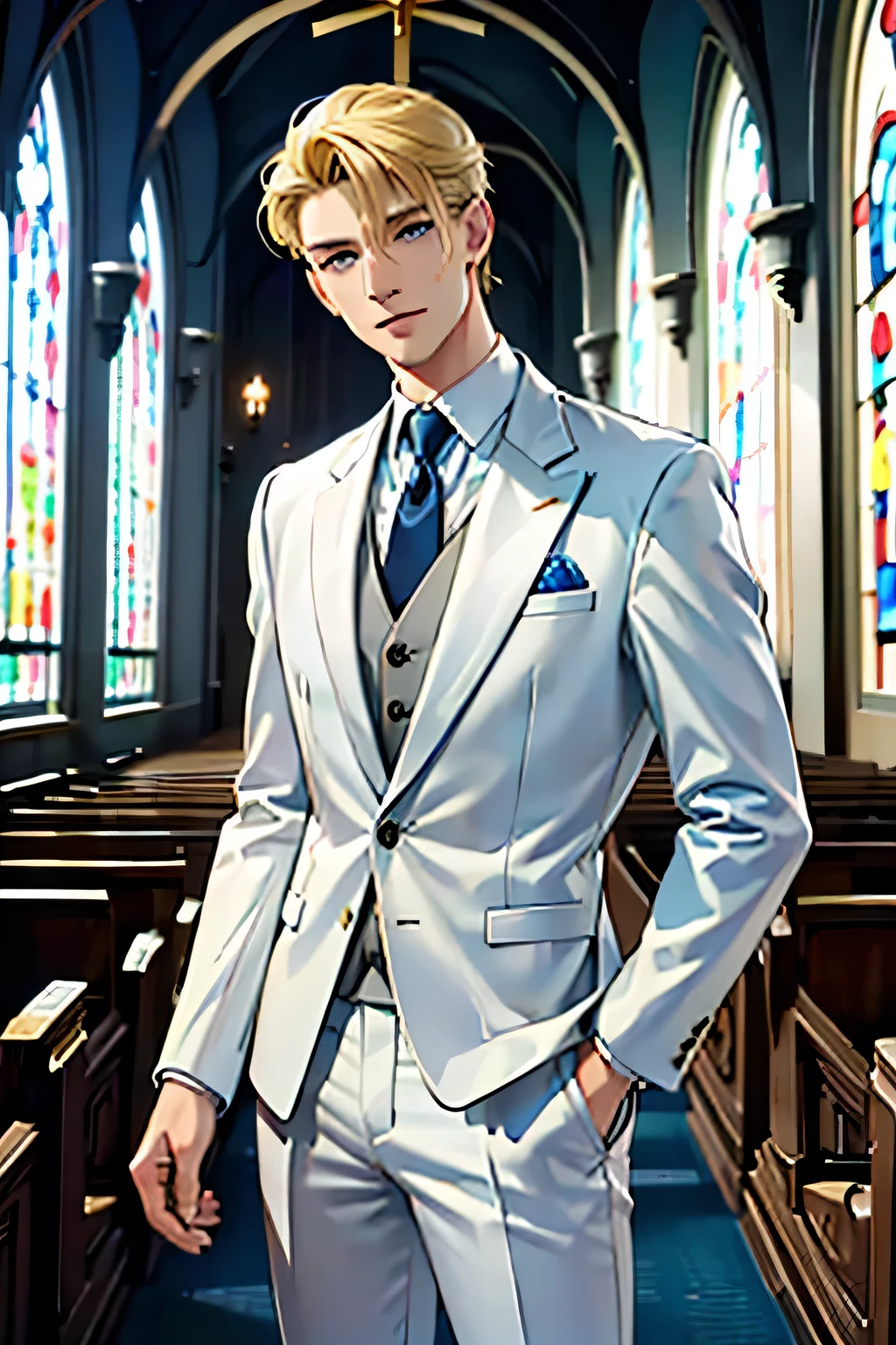 A 20-year-old man 6'2 tall standing with a wedding suit , blonde hair, two block hair cut, blue eyes, korean, smirking, church background , DSRL, facing the viewer of the photo, eyes staring into the lens, man centered in photo, 8k, best quality, masterpiece, realistic, realistic photo, cinema photo, ultra realistic, 1 person, detailed, Dark Dark Lighting