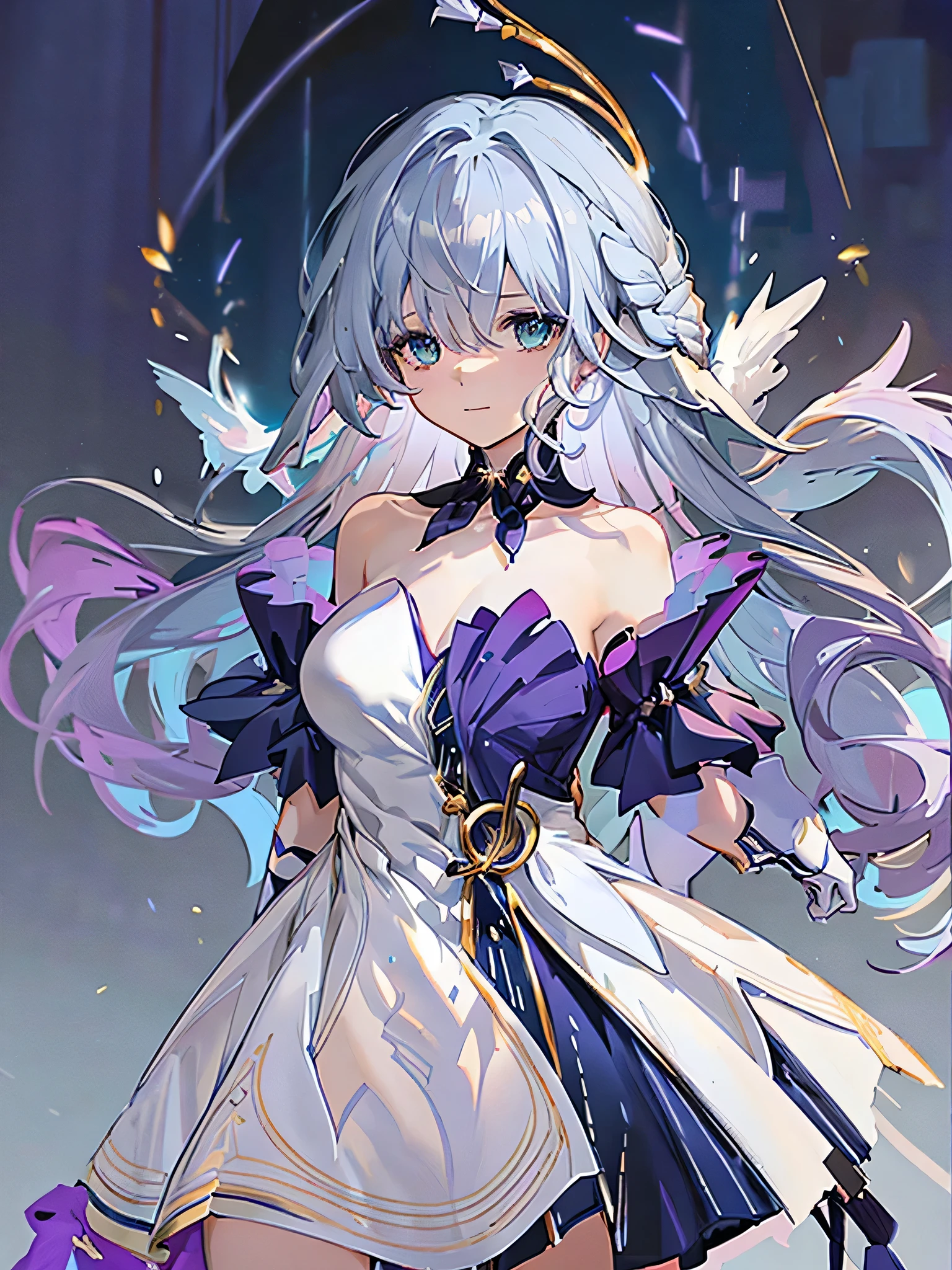 robin, 1girl, dress, solo, long hair, gloves, smile, breasts, holding, bangs, white gloves, halo, purple dress, closed mouth, very long hair, elbow gloves, white dress, cleavage, bare shoulders, medium breasts, hair intakes, looking at viewer, blue dress, armpits, detached sleeves, hair between eyes, strapless dress, standing, short sleeves