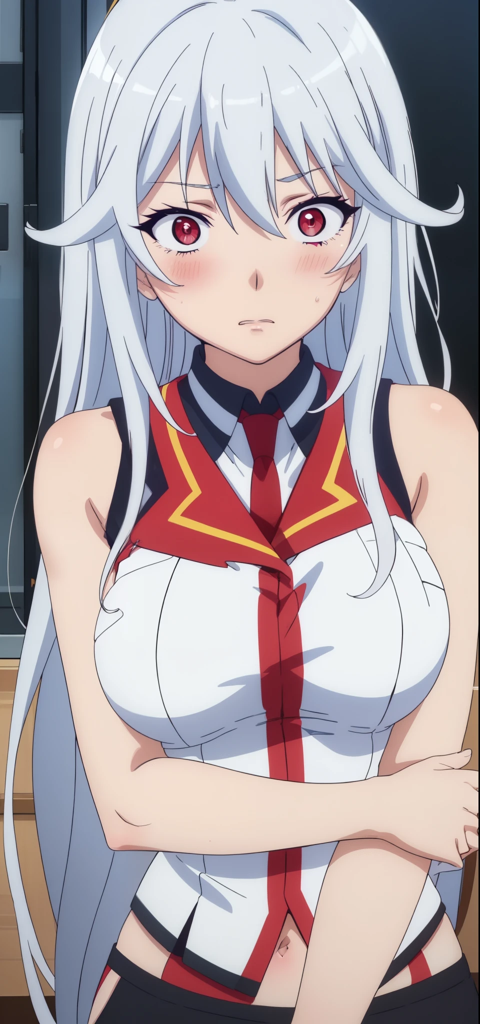 (masterpiece, best quality:1.2),illustration,8k,hd,1girl,very_long_hair,medium breasts,red_eyes,white_hair,((sleeveless)),aine, (healthy skin, glowing skin), blushed, (constricted pupils, scared)