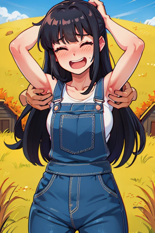 exy country girl, wearing overalls, pant legs rolled up, tank top, arms are held above her head, in the haystacks, farmland,laughing hard, excited,eyes closed in laughter, sides being pinched by others, bare feet massaged, fingers poke her torso, barn,