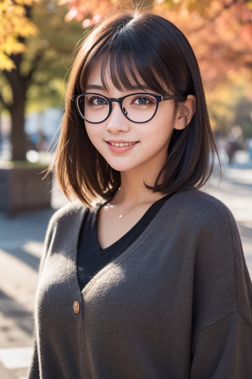 1 girl, (Wear casual fall clothes:1.2), (18-year-old:1.5), Young Face, Cute face,
(RAW Photos, highest quality), (Realistic, Photorealistic:1.4), Tabletop, Sharp focus,
Very delicate and beautiful, Very detailed, 2k wallpaper, wonderful, finely,
Very detailed CG Unity 8K 壁紙, Very detailed, High resolution, Soft Light,
Beautiful detailed girl, Very detailed目と顔, Beautiful and detailed nose, Beautiful and beautiful eyes,
Passing through the autumn streets, Cinema Lighting,
Perfect Anatomy, Slender body, Straight Short Hair, Parted bangs, Big smile, Looking at the audience、Black-rimmed glasses