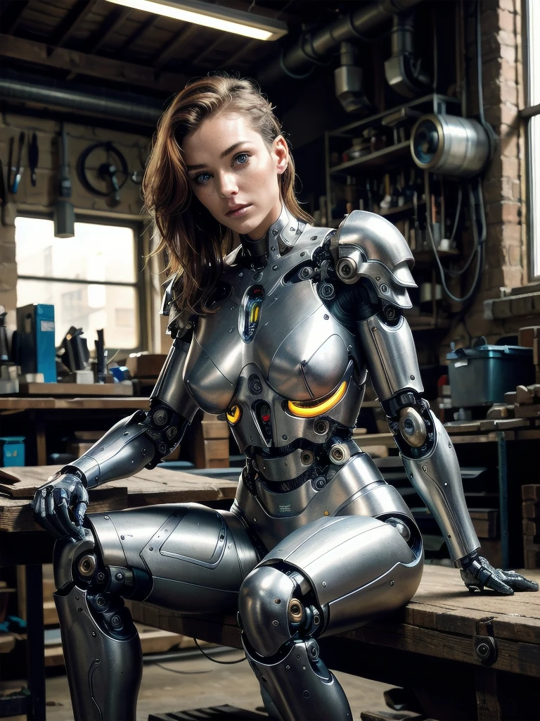 Cyborg, mechanical body, mechanical arms and legs, old armor, sitting on a workbench in an old workshop, cyberpunk, eye contact, looking at viewer, masterpiece, best quality, perfect detail, perfect face detail, perfect eye detail, perfect skin detail, depth sharpness, perfect lighting