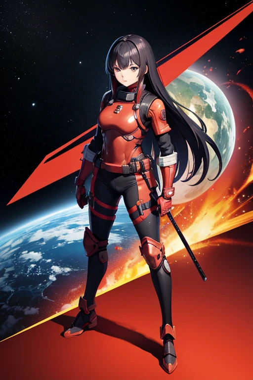 Anime Art,Full body portrait、Space SF soldiers、A female samurai wearing red armor, standing upright with her arms folded, about 170cm tall and around 36 years old、Calm expression、Long black hair、gloves、Arm guard、Leggers
