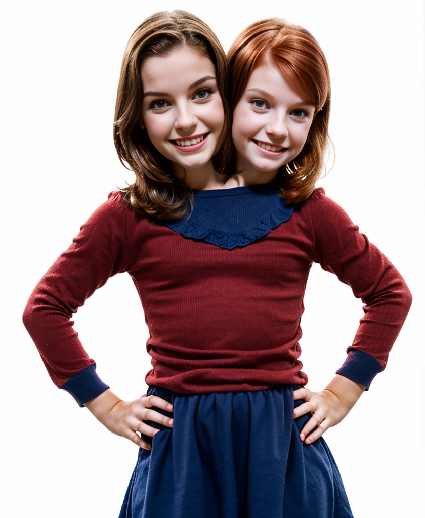 2heads, two headed girl, (one head child:1.5), (one head adult:1.5), (a brunette and a redhead:1.2)