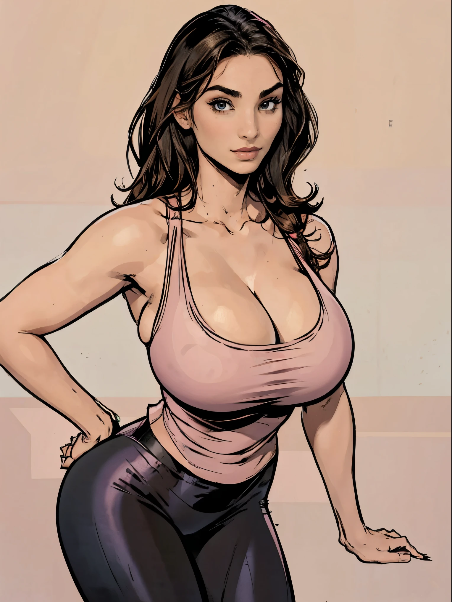 Gorgeous and sultry athletic brunette with sharp facial features and a (large nose) and (huge boobsring a pink tank top and black leggings, skindentation, cleavage