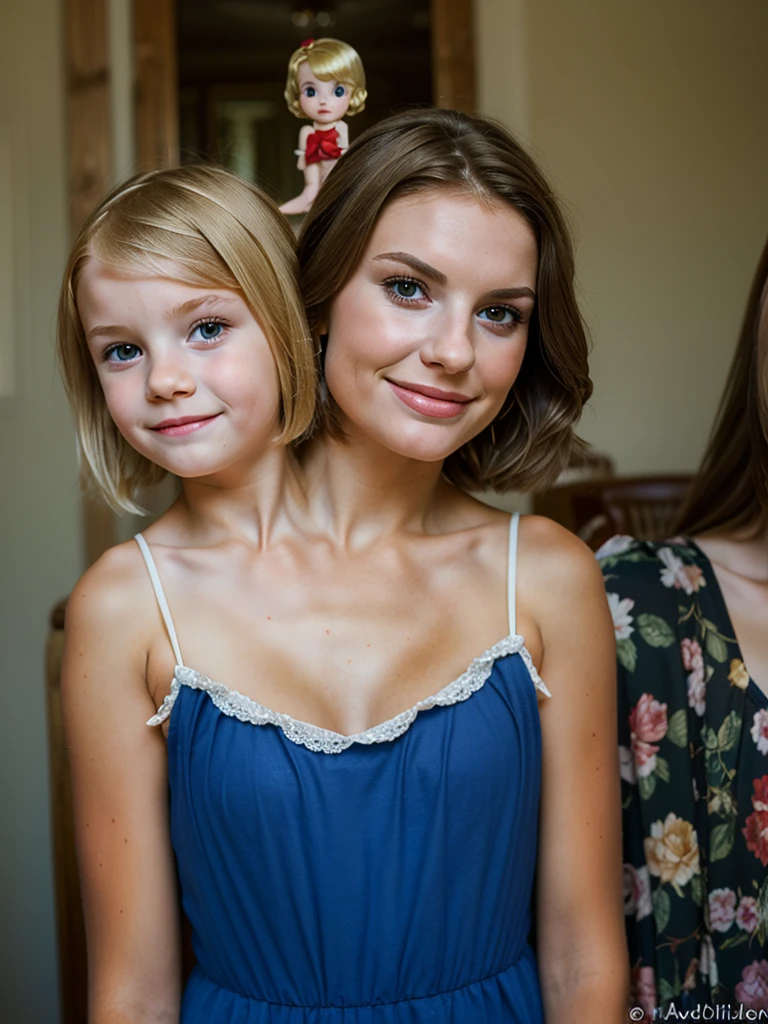 2heads, two headed girl, (one head child:1.5), (one head adult:1.5), (blonde and brunette:1.3)