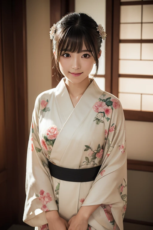 （kimono）、(highest quality,masterpiece:1.3,超A high resolution,),(Very detailedな,Caustics),(Realistic:1.4,RAW shooting,),Ultra-Realistic Capture,Very detailed, Use natural light and color,1 girl,Japanese,23 years old,cute,Black-haired,Middle Hair,,smile,Turn your body forward,(View from the front:1.2),,(、Tear bags、Solid bangs、highest quality、超A high resolution、Written boundary depth、chromatic aberration、、Wide range of lighting、Natural Shading、)、