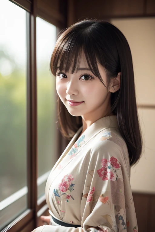 (kimono)、(highest quality,masterpiece:1.3,超A high resolution,),(Very detailedな,Caustics),(Realistic:1.4,RAW shooting,),Ultra-Realistic Capture,Very detailed, Use natural light and color,1 girl,Japanese,23 years old,cute,Black-haired,Middle Hair,,smile,Turn your body forward,(View from the front:1.2),,(、Tear bags、Solid bangs、highest quality、超A high resolution、Written boundary depth、chromatic aberration、、Wide range of lighting、Natural Shading、)、