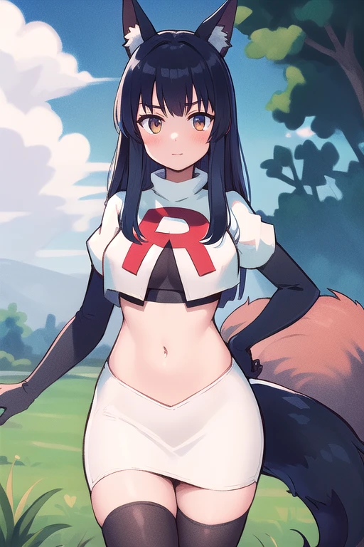 (masterpiece, best quality, highly detailed), 1girl, cowboy shot, lico, outside, trees, grass, sun, clouds, sky, team rocket,team rocket uniform,white skirt,red letter R,crop top,black thigh-highs,black elbow gloves , blush, fox ears, fox tail