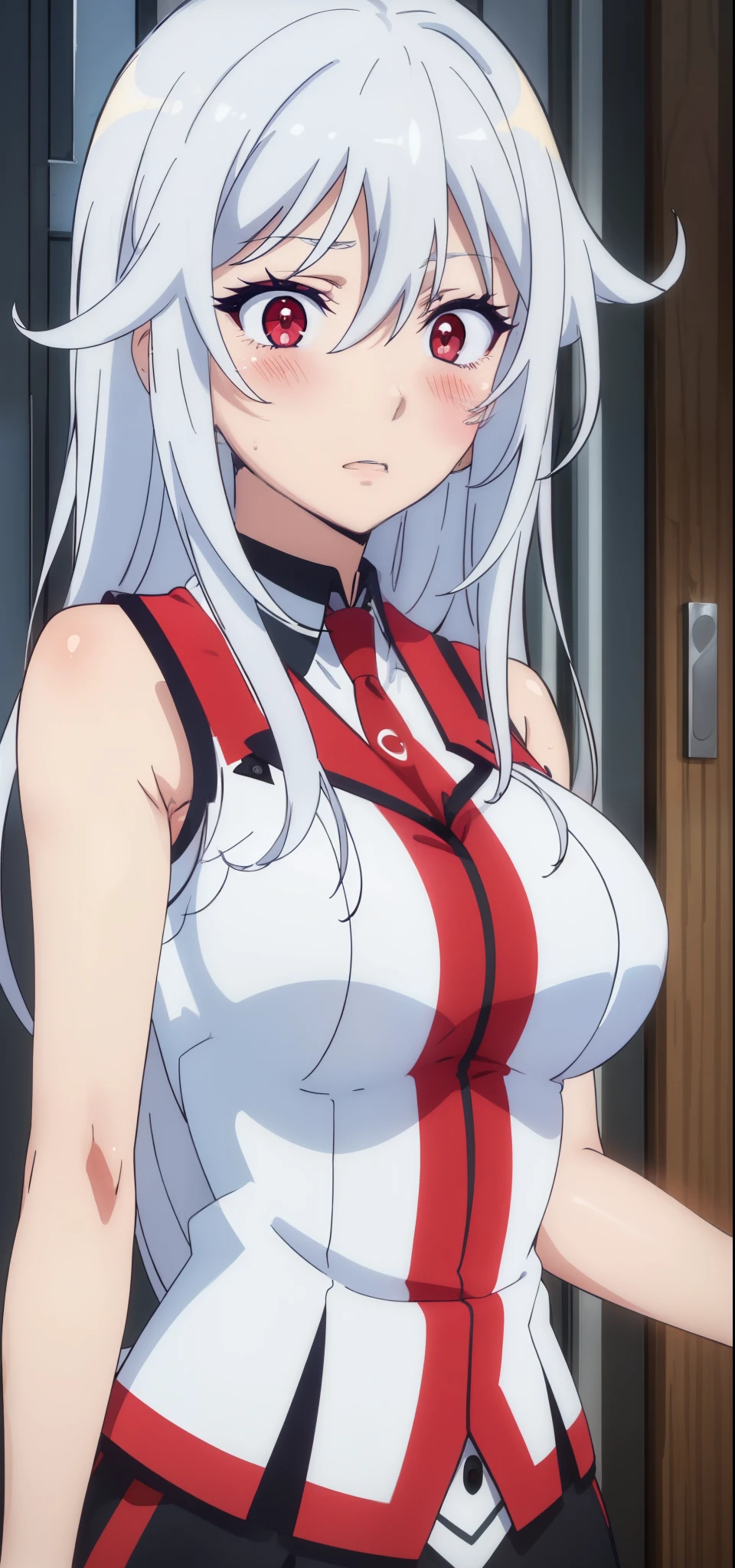 (masterpiece, best quality:1.2),illustration,8k,hd,1girl,very_long_hair,medium breasts,red_eyes,white_hair,((sleeveless)),aine, (healthy skin, glowing skin), blushed, (constricted pupils, scared)