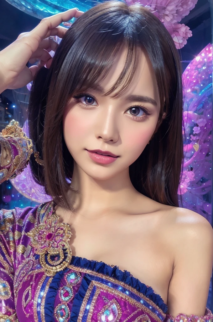 best quality, 8k, highly detailed face and skin texture, high resolution, sexy girl in colorful dress, fantastic style background image, magical style, sharp focus