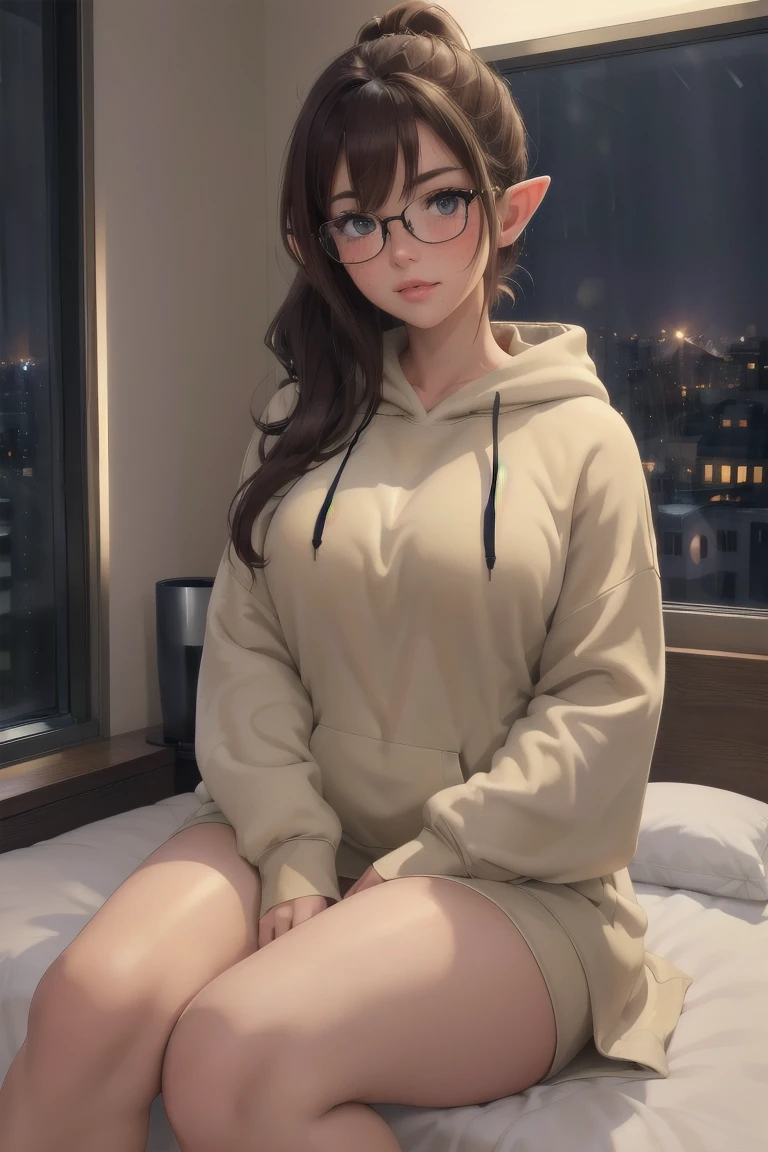 (elf girl), master piece, blushing, freckles, wide hips, slim waist, thick thighs, masterpiece, best quality, sfw, mature 36 year old woman, brown hair, moist face, wavy hair, mouth open, shiny. lips, beutiful round eyes, oversized hoodie, (thick thighs), thick hoodie, inside city apartment, raining outside, rainy day, navy rain, inside, standing nest to bed next to window, nightime, raindrops on window, dark out, mood light, soft lap light, cozy mood, Lofi astetic, the scene emulates an immense feeling of comfort and safety, modern cityscapes, skyscraper nightlights visable through window, midnight, completely dark out, orange lighting, orange moodnlight, Beautiful eyes, the most beautiful eyes youve ever seen, shiny thighs, hands in lap, pointy ears, dark room, extremely dark bedroom, oversized hoodie, Extremely oversized hoodie, bare legs, ponytail,feet on bed, knees close to face, knees up, hugging knees, thick framed clear glasses