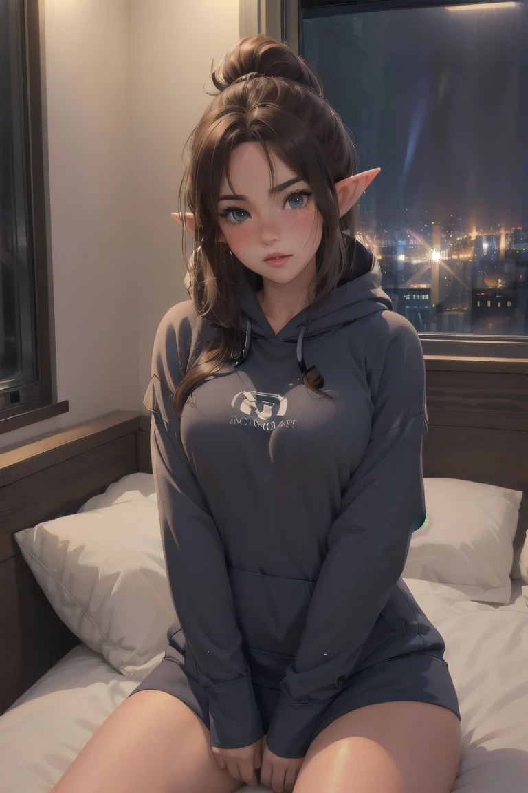 (elf girl), master piece, blushing, freckles, wide hips, slim waist, thick thighs, masterpiece, best quality, sfw, mature 36 year old woman, brown hair, moist face, wavy hair, mouth open, shiny. lips, beutiful round eyes, oversized hoodie, (thick thighs), thick hoodie, inside city apartment, raining outside, rainy day, navy rain, inside, standing nest to bed next to window, nightime, raindrops on window, dark out, mood light, soft lap light, cozy mood, Lofi astetic, the scene emulates an immense feeling of comfort and safety, modern cityscapes, skyscraper nightlights visable through window, midnight, completely dark out, orange lighting, orange moodnlight, Beautiful eyes, the most beautiful eyes youve ever seen, shiny thighs, hands in lap, pointy ears, dark room, extremely dark bedroom, oversized hoodie, Extremely oversized hoodie, bare legs, ponytail,feet on bed, knees close to face, knees up, hugging knees