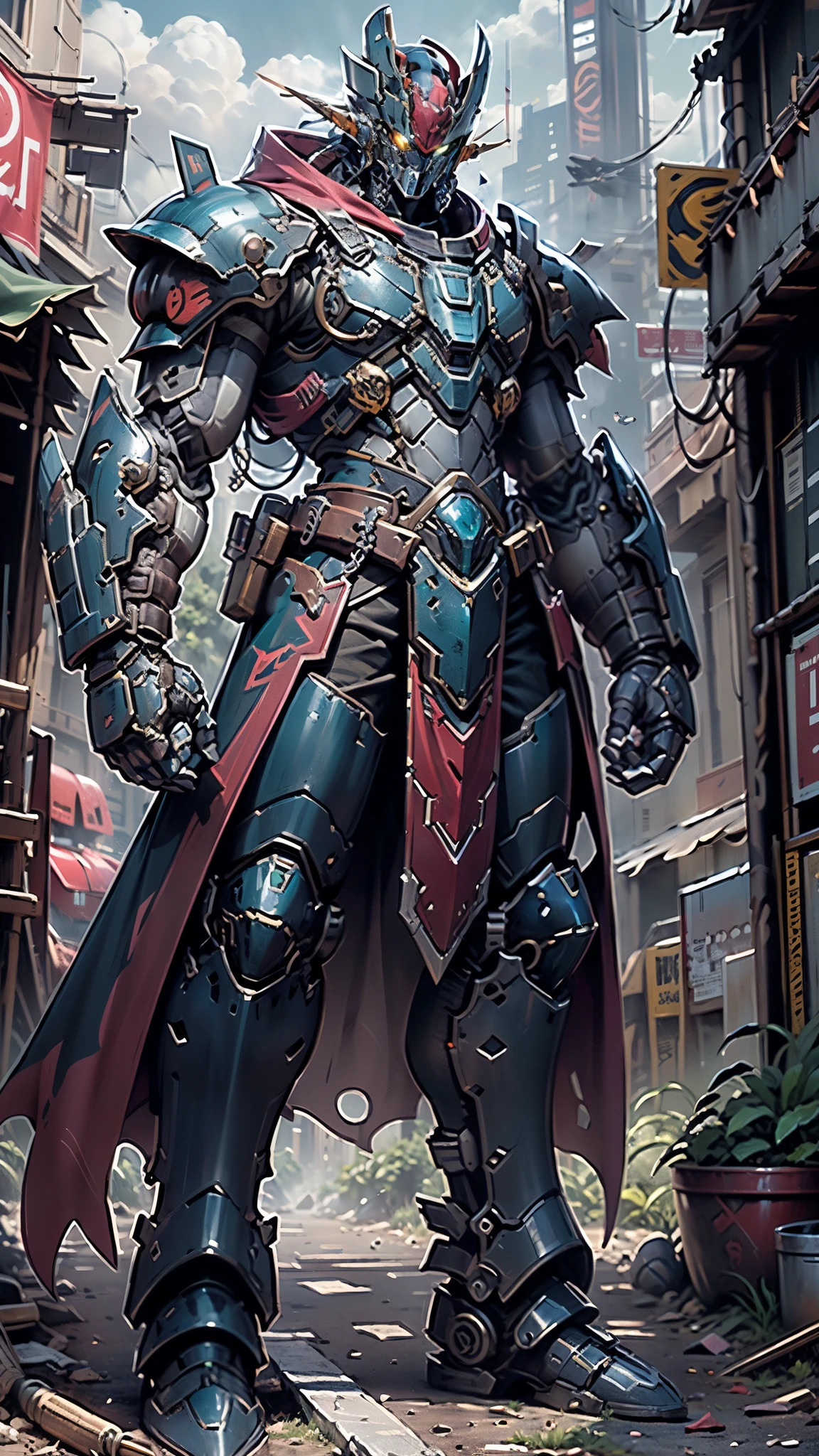 A man wearing a full-face helmet, a fantasy-style biotech armored combat suit, green eyes, (a composite layered chest armor), fully enclosed shoulder guards, matching arm and leg guards, the belt is adorned with Z mark, (the color scheme is primarily white with red and blue accents), the design balances heavy with agility, a high-tech bio-mecha armor, (Armor Concept Inspired by Mazinger Z, stand on the top of a skyscraper in a futuristic sci-fi city), this character embodies a finely crafted fantasy-surreal style armored hero in anime style, exquisite and  manga art style, (battle damage, element, plasma, energy, the armor glows), ((male:1.5)), metallic, real texture material, dramatic, high definition, best quality, highres, ultra-detailed, ultra-fine painting, extremely delicate, professional, perfect body proportions, golden ratio, anatomically correct, symmetrical face, extremely detailed eyes and face, high quality eyes, creativity, RAW photo, UHD, 32k, Natural light, cinematic lighting, masterpiece-anatomy-perfect, masterpiece:1.5