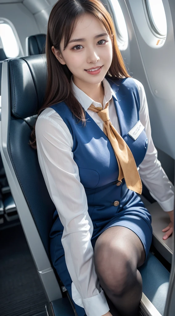 (8K, best quality, masterpiece:1.2), (realistic, photo-realistic:1.37), (high color saturation:1.0), (highly detailed skin), (highest quality:1.0), (ultra high resolution:1.0) ,(realistic:1.0), (Super detailed:1.0), (8K, Raw photo:1.1)、standing random pose, smiling, natural breast, perfect lighting, 3girls, 22years old, (mysterious), clear and detailed, ((ANA_Cabin Crew, blue flight attendant_uniform)), black pantyhose, (aircraft, aircraft seats), cute face, squat , (pick up handkerchief),
