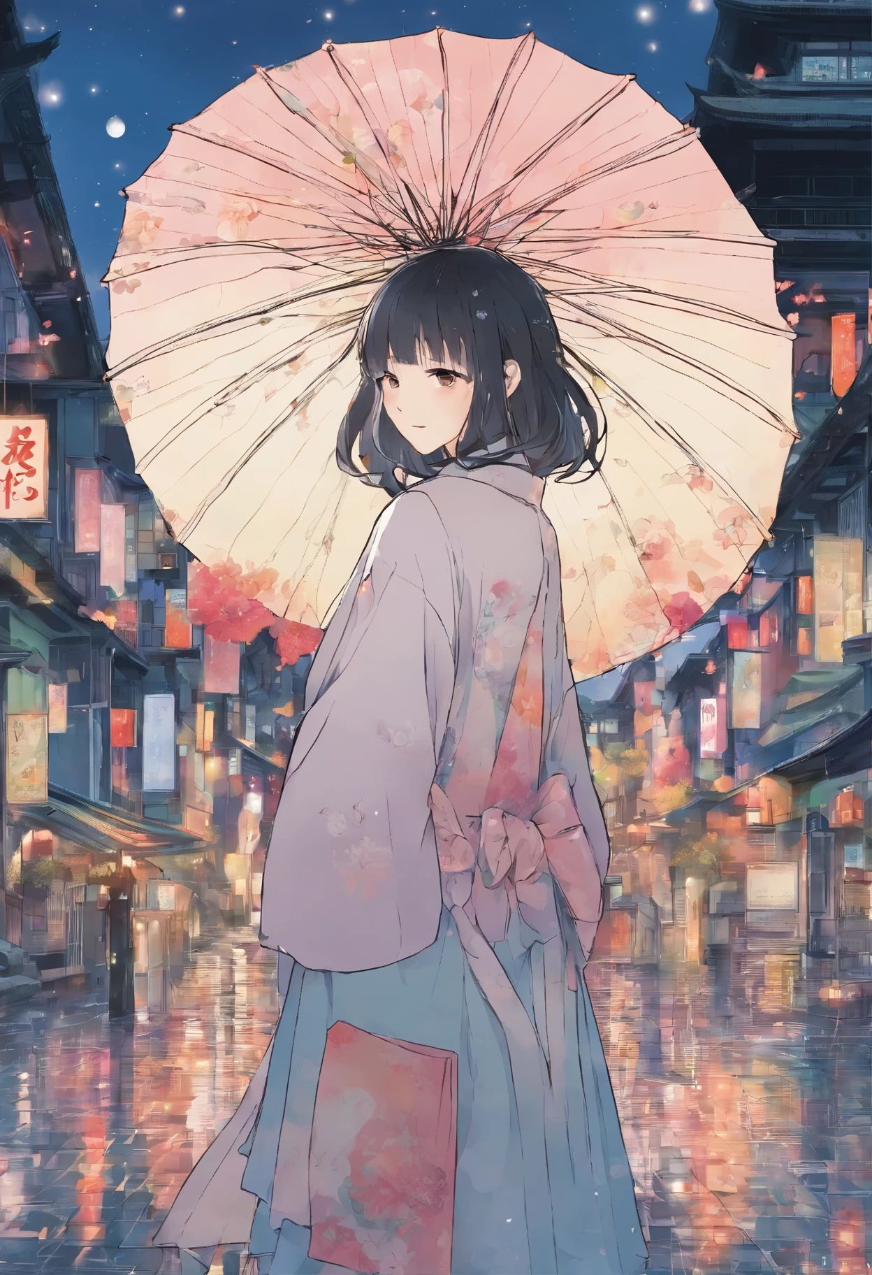 More about the rainy road, The girl hit the head of the umbrella, In his other hand he holds an umbrella, Blue Denim Leggings, Masterpiece Superb Night Moon(Master Piece) night moon(Full Moon) 1 Women, Sisters of Japan, Cold face showing silvery-white long-haired woman, Light pink lips, Calm and intelligent, Three Bands, lantern, lantern, Flower bulbs, Background, Spectacle strolling through the city, long hair shawl,