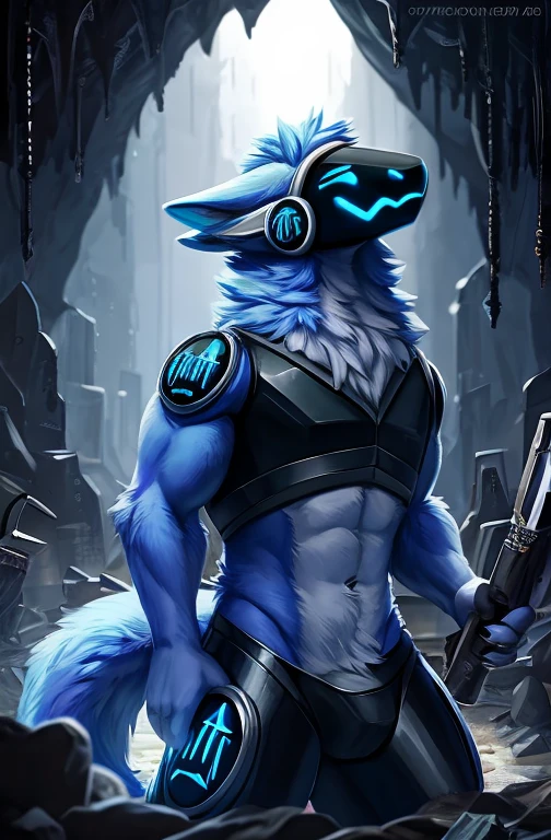 , (((Light blue fur protogen))) , big chest, day, y, sensual, detailed, uploaded to e621, beautiful and detailed portrait of an anthropomorphic Light blue fur protogen, (((male))) uploaded to e621, zaush, foxovh, movie lighting, , thicc, alone, muscles, muscular build, in a abandoned jungle temple in a empty forest outside temple in background, movie cover, movies posters, inside a big cave with lots of rocks holding a torch in his hand and there is bat's in the cave too, cave mining inside a cave, cave miner, coal miner