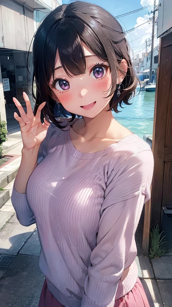 16k、Masterpiece、High definition、30-year-old woman、short hair、Very large breasts、Light blue summer sweater、Blushing、Laugh with your mouth open、((wave hand))、Pink lipstick、close