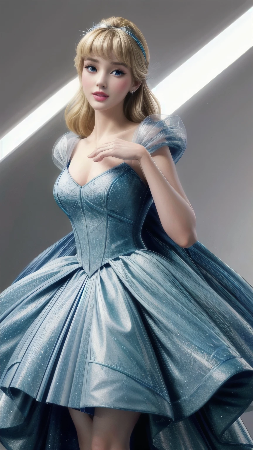 ((1 girl)), masterpiece, (high quality, Best Rendering), (beautiful girl, Cinderella), (bomb, Pin-up Style), hot, Floss, Perfect body, 4K HD, Disney Princesses, Beautiful woman princess, Anime Princess, HD artwork, Official Art, a cartoon by disney, Beautiful Princess, Long, slender legs, Large Breasts, Sexy pose, With a dress, Vibrant colors, Cartoon princess and tybull in blue dress, She has white skin, Cinderella, Disney Characters, Disney Characters style, Disney Princess, Disney Art Style, Disney Art Style, Anime Princess, Fantasy, Formal wear, Fancy Background，（8K，RAW Photos），（Best Quality），（Masterpiece Loose），（Realistic，）（写実的でRealistic），（High resolution），Hyper Detail，（Gentel Realism：1.1），Beautiful Face， （1 Female：1.1），High resolution), (8k), (Very detailed), (4K), (Pixiv), Perfect Face, Beautiful eyes and face, (最high quality), (Very detailed), Detailed face and eyes, (alone), Textured skin, Absurd, High resolution,