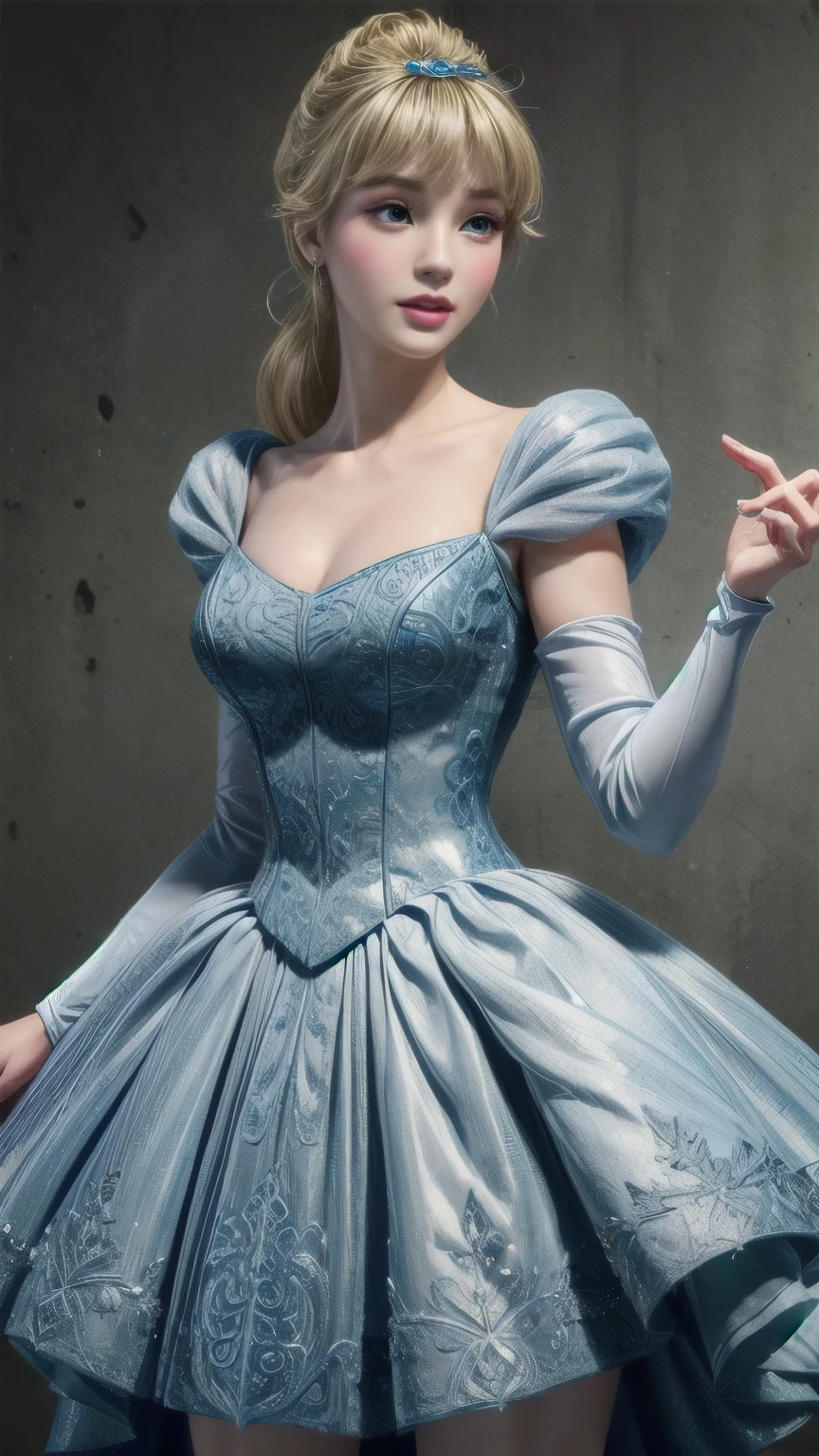 ((1 girl)), masterpiece, (high quality, Best Rendering), (beautiful girl, Cinderella), (bomb, Pin-up Style), hot, Floss, Perfect body, 4K HD, Disney Princesses, Beautiful woman princess, Anime Princess, HD artwork, Official Art, a cartoon by disney, Beautiful Princess, Long, slender legs, Large Breasts, Sexy pose, With a dress, Vibrant colors, Cartoon princess and tybull in blue dress, She has white skin, Cinderella, Disney Characters, Disney Characters style, Disney Princess, Disney Art Style, Disney Art Style, Anime Princess, Fantasy, Formal wear, Fancy Background,(8K,RAW Photos),(Best Quality),(Masterpiece Loose),(Realistic,)(写実的でRealistic),(High resolution),Hyper Detail,(Gentel Realism:1.1),Beautiful Face, (1 Female:1.1),High resolution), (8k), (Very detailed), (4K), (Pixiv), Perfect Face, Beautiful eyes and face, (最high quality), (Very detailed), Detailed face and eyes, (alone), Textured skin, Absurd, High resolution,