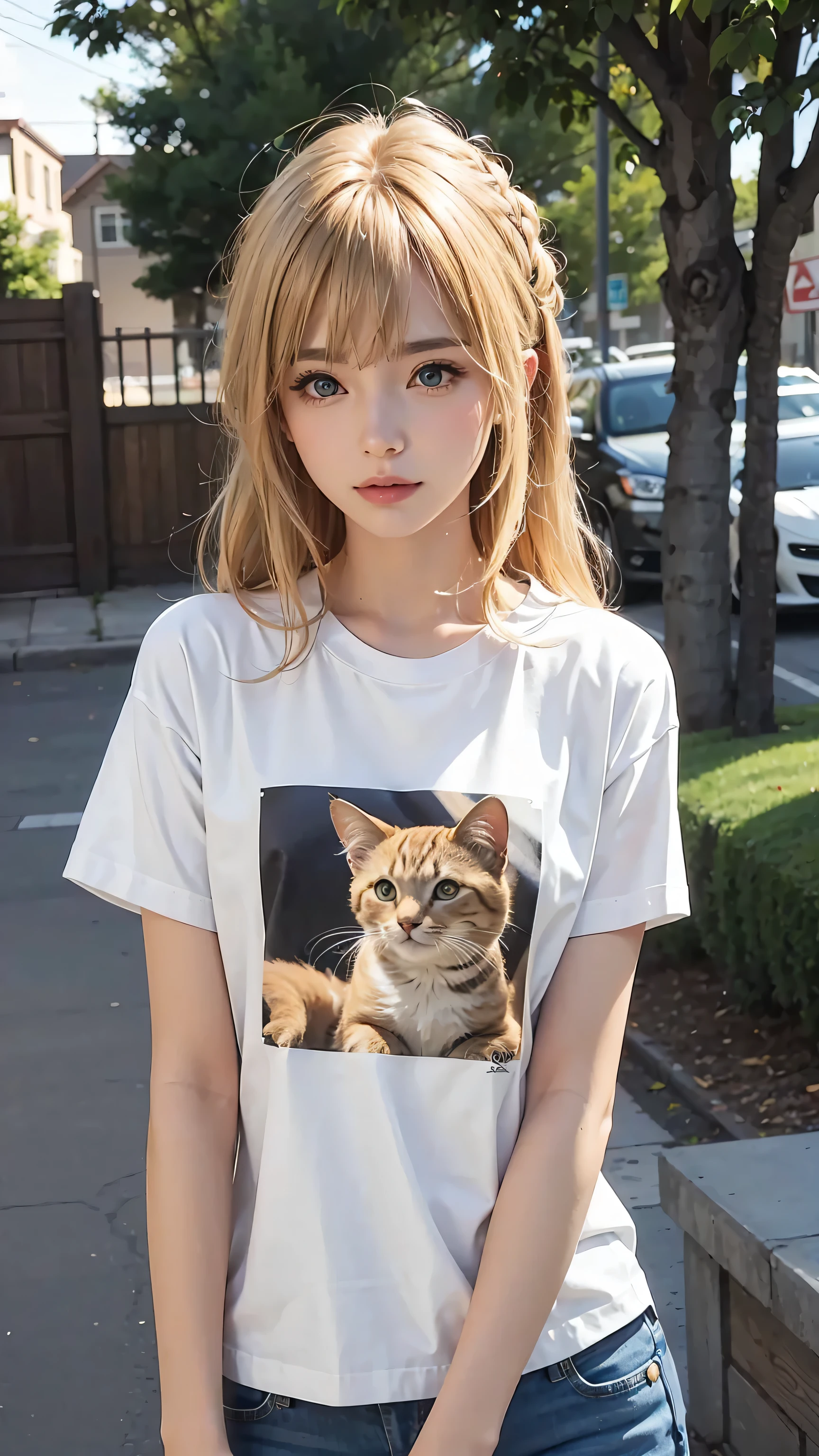 Masterpiece, best quality, super fine, 16k, medium hair, blonde color hair, T-shirt with cat illustration,