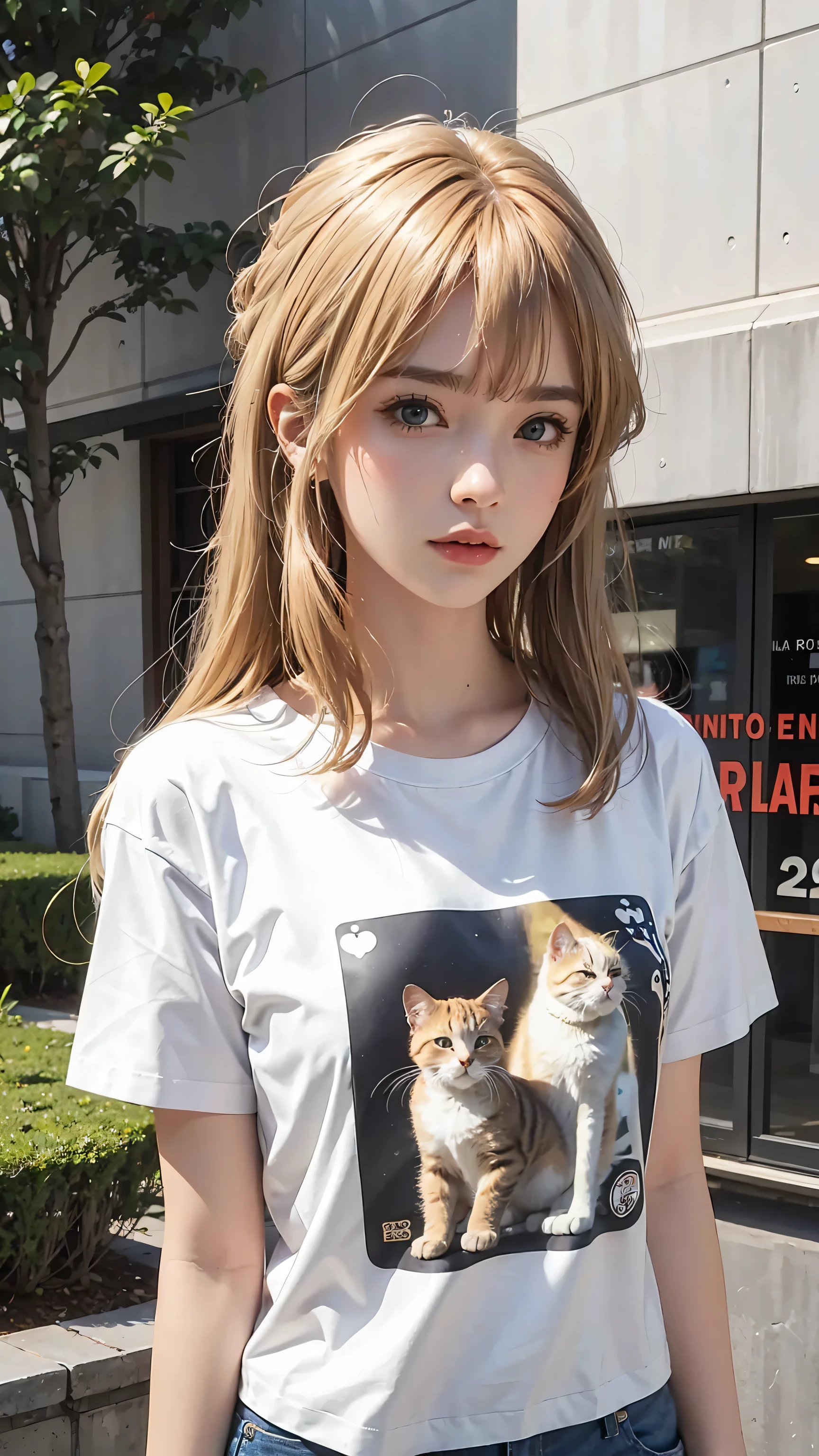 Masterpiece, best quality, super fine, 16k, medium hair, blonde color hair, T-shirt with cat illustration,
