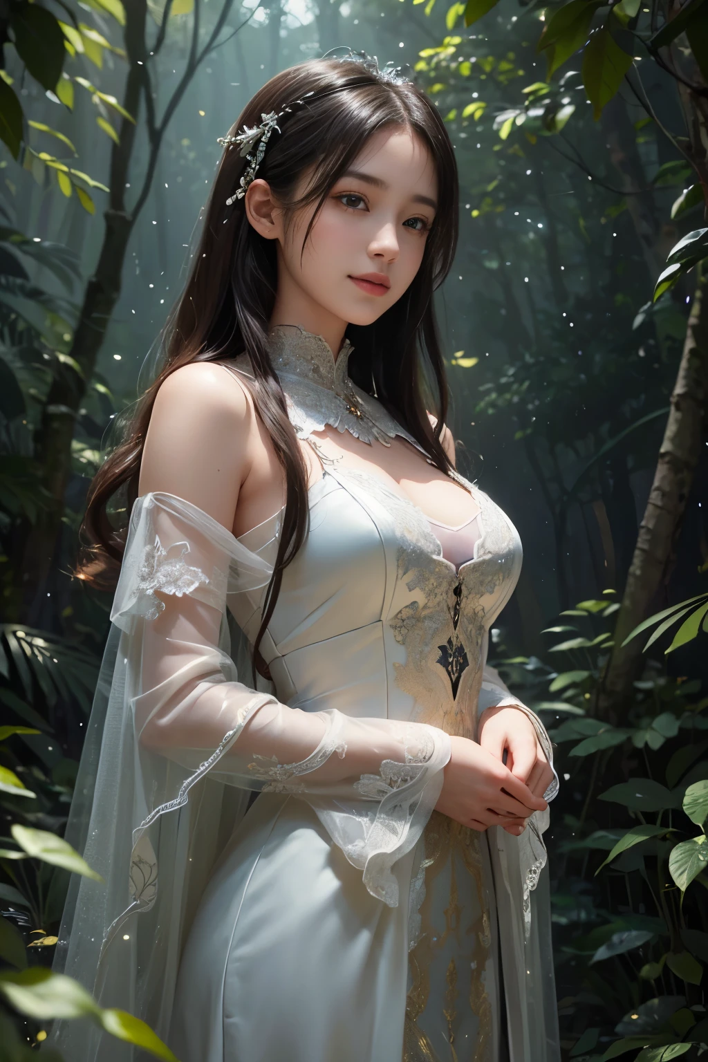 (Masterpiece:1.2), best quality, (illustration:1.2), (ultra-detailed), hyper details, (delicate detailed), (intricate details), (cinematic light, best quality Backlights), clear line, from below, soloist, soft lights, ethereal, magical looking, a candid looking girl with soft curly black hair, brown eyes, forest, fairytale, full body,  perfect body, big breasts, magical, light particles, fireflies, cute smile