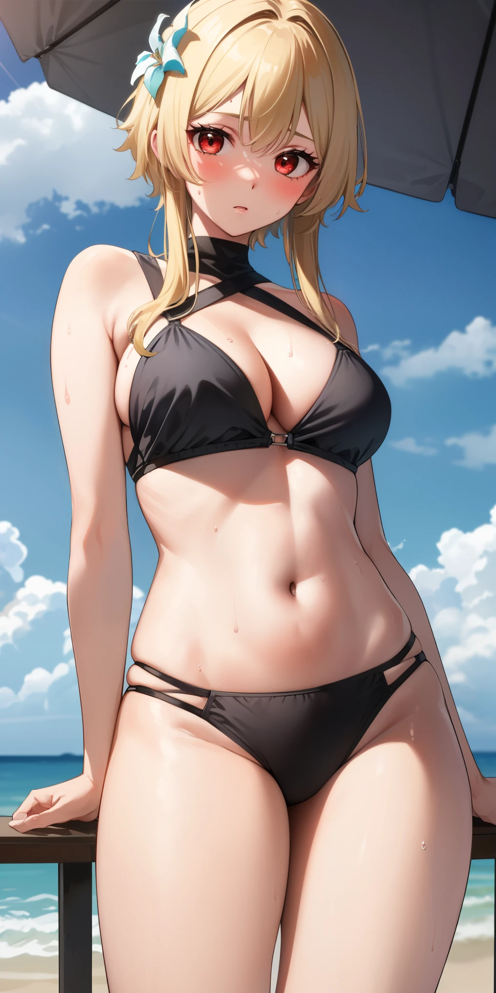 1girl, photography pose, solo, luminedef, cleavage, (glowing red eyes)
BREAK (center opening, navel, bikini),
BREAK (perspire,Sweat a lot,Blushlush,Be red in the face,Blushlush),Stand at beach
BREAK ((top quality, 8k, masterpiece: 1.3, ultra hd, high quality, best quality, high definition, realism)), sharp focus: 1.5, Beautiful woman with Slim body, (perfect hands, perfect anatomy),