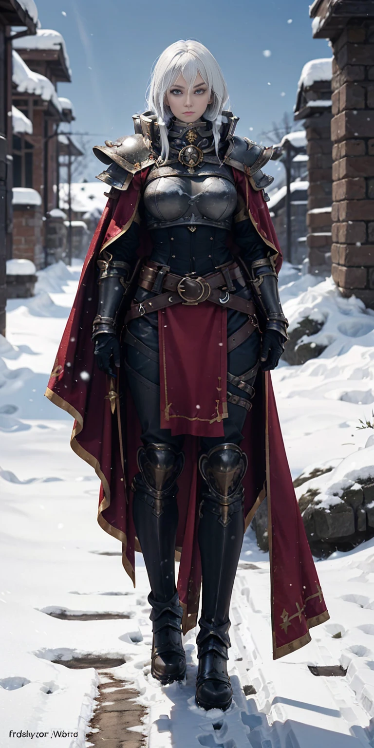 full body standing straight symmetrical, FEMALE warrior princess, big belt around waist, hair, very white skin like snow, wearing full heavy armor red cape, brown leather boots, adventurer outfit, veteran warrior MILF bimbo