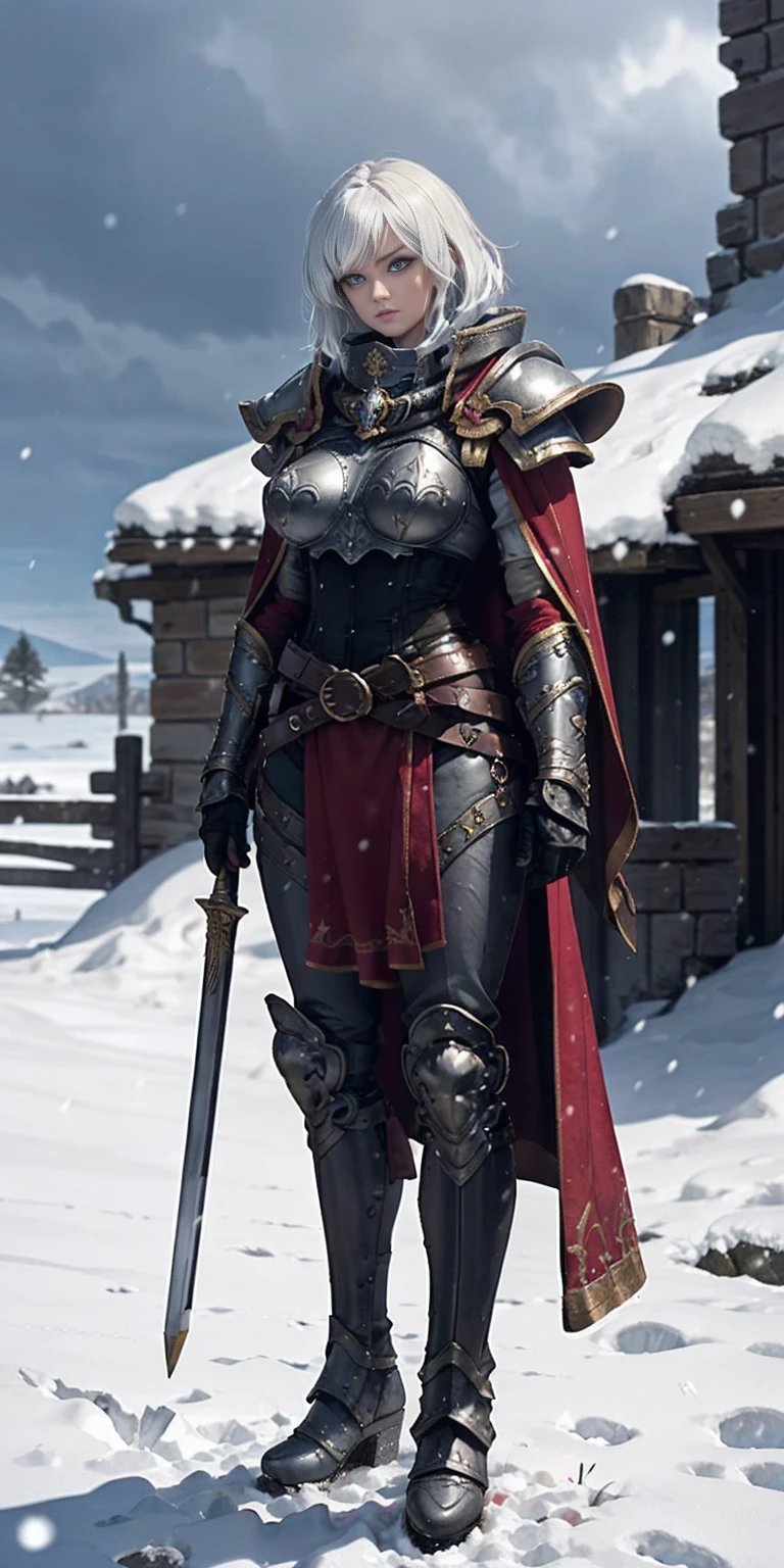 full body standing straight symmetrical, FEMALE warrior princess, big belt around waist, hair, very white skin like snow, wearing full heavy armor red cape, brown leather boots, adventurer outfit, veteran warrior MILF bimbo