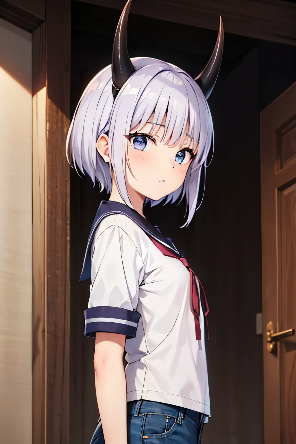 1girl,Este personaje de anime es una adolescente con cuernos de 2 y 13.2 centimeters high and 1.28 centimeters thick. Its horns are located on the upper left side of its head and show traces of its former life as a Hollow helmet.. 

Tiene el pelo 4.78 gris 3.45 Short white hair Her breasts are small, con una altura de 2 y 1.5 centimeters high and a thickness of 1.10 centimeters. He is ************ Short sleeve sailor suit,  y jeans.