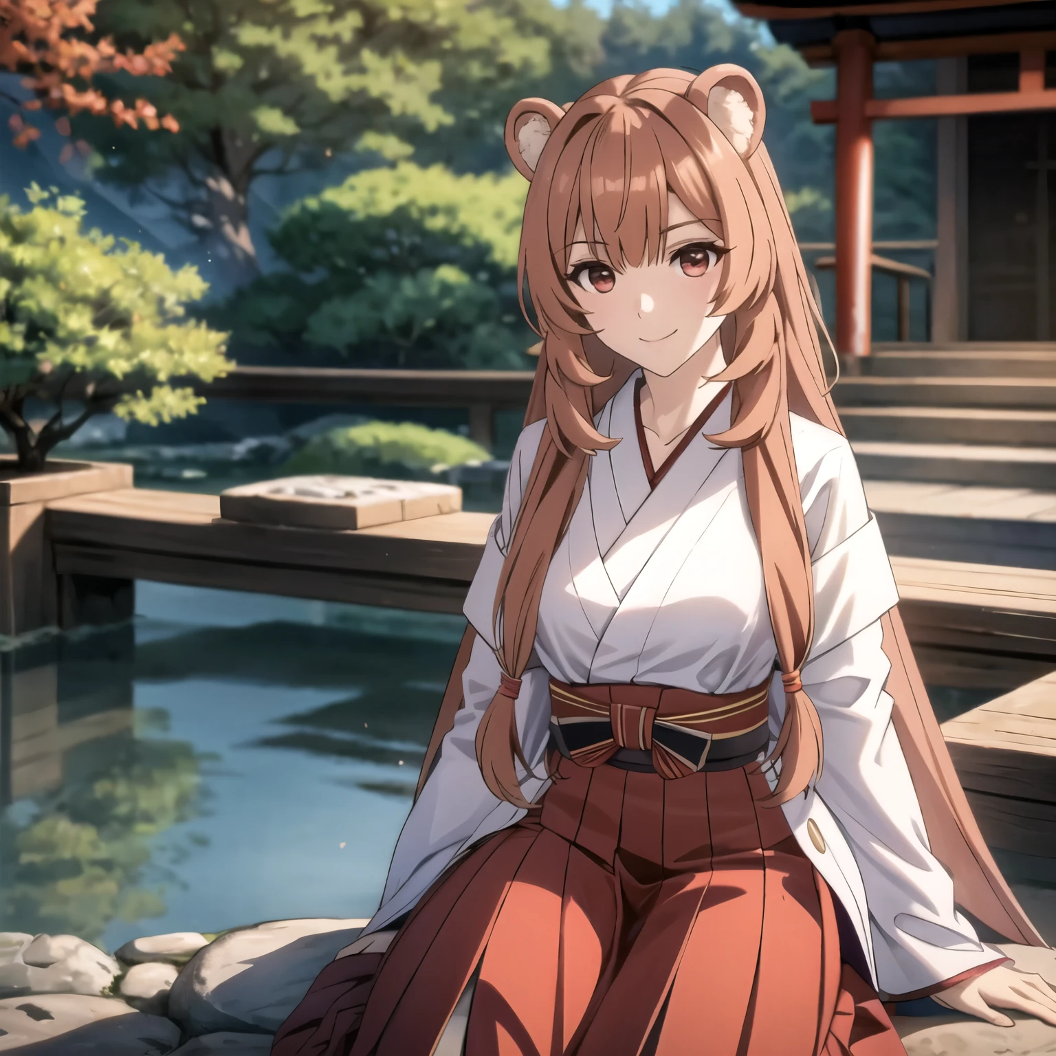 Raphtalia, atractiva mujer. orejas de oso, cabello naranja brillante, red eyes like rubies,  sonrisa picara, pechos grandes, ropa un Quimono con pecho abierto,  background of a japanese garden. escote, pechos enormes escote.