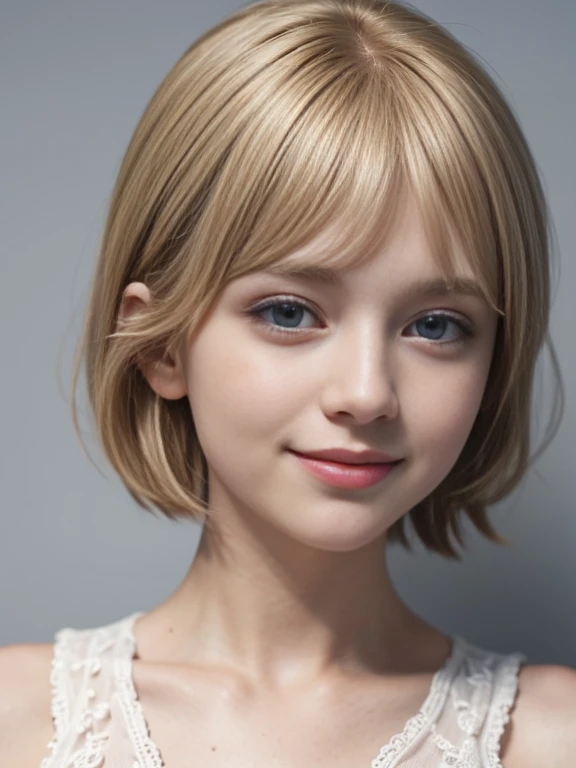 8K,Masterpiece,One woman,Smile,28 years old,blue eyes,Blonde Hair,Short Bob Hair,White Dress,Ella Freya, a beautiful Dutch YouTuber（Ella Freya),