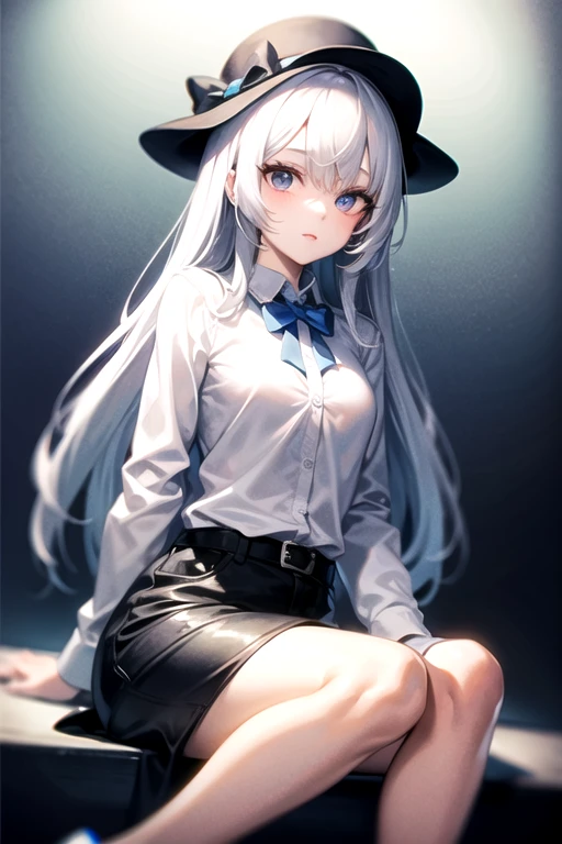 Make me a 12 year old girl with long white hair, camisa anaranjada y falda de color azul oscuro con detalles de lineas horizontales, con los ojos azules, estilo de imagen animada