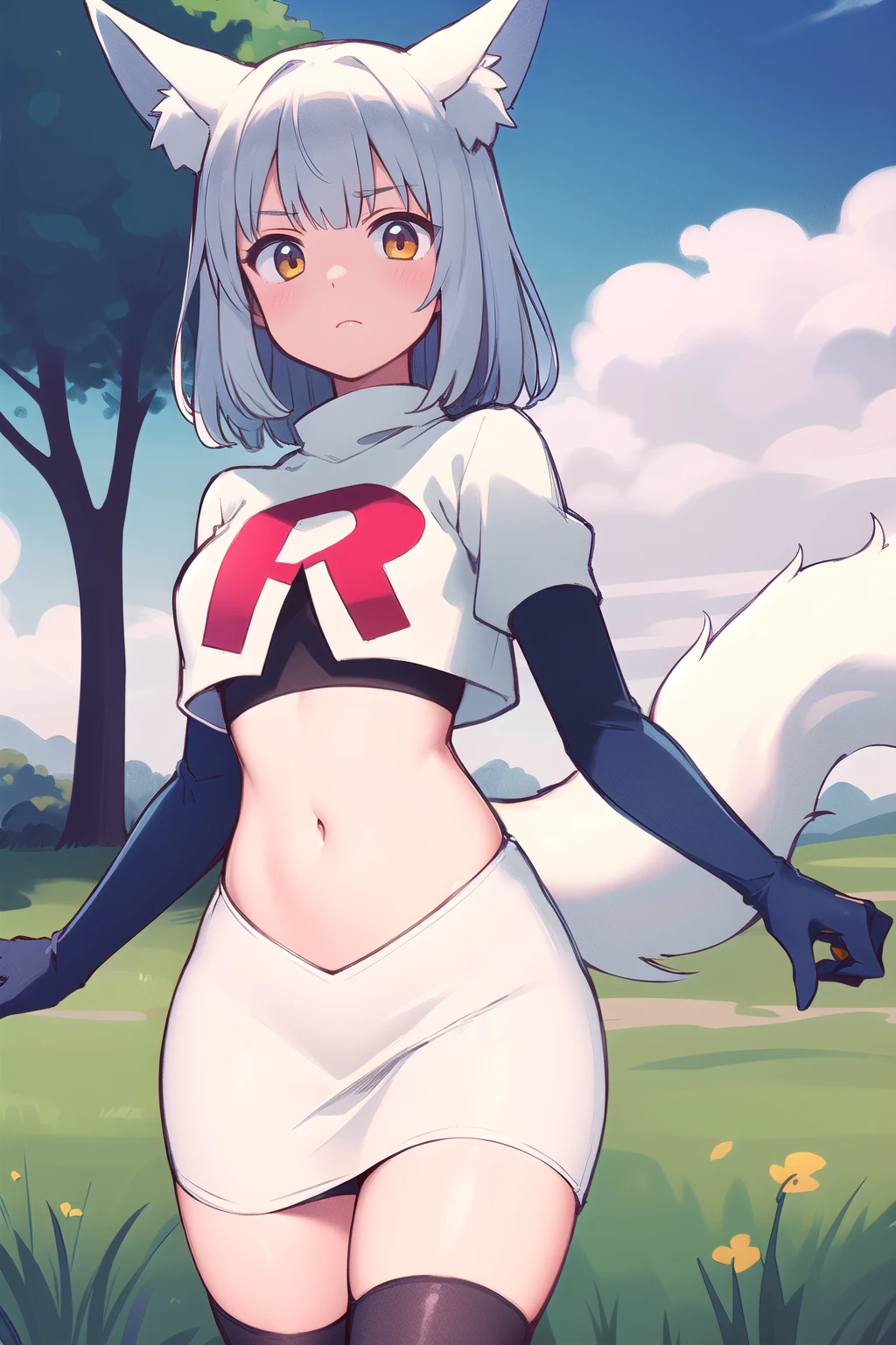 (masterpiece, best quality, highly detailed), 1girl, cowboy shot, lico, outside, trees, grass, sun, clouds, sky, team rocket,team rocket uniform,white skirt,red letter R,crop top,black thigh-highs,black elbow gloves , blush, fox ears, fox tail