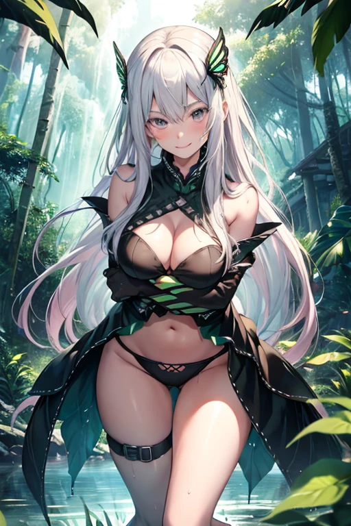 Are standing_Split,blush,Lift your legs,Watching the audience,split,Are standing,Standing on one leg,standing split,Thighs,((highest quality)),High resolution,Sharp focus,(Super detailed,Very detailed),
(Very detailed CG unity 8k wallpaper),(((Vibrant colors))),Anime Style,
Natural skin texture 鮮明な詳細, (Realistic eyes, Natural skin texture, Realistic facial details),
1 girl, Beautiful and elaborate face, Perfect Eyes,((Silver Hair)),Long Hair,Echidna, Deep purple eyes,
Butterfly Hair Ornament, (Colored eyelashes:1.1), eye shadow,Red pink lips,
Arrogant look, Domineering smile,Big and ample breasts,Camel Toe
(Flying debris, 超High resolution),(((Black and Green Theme))),Wear an iridescent aura,
Invisible Light, Amazing shine, Neon green glow, The colors of another world,
Bright colors, Ghostly Effects,Surreal Landscape,wearing black bikini,したたるwater滴, wet skin,waterに囲まれた, reflection,Breathtakingly beautiful clouds,Light,Dazzling Light,Cinematic Light.Plants are overgrown,Dense forest leaves,(water, water遊び),Dense forest,Coconut Tree, squat,Get on one knee,Spread your legs a little,