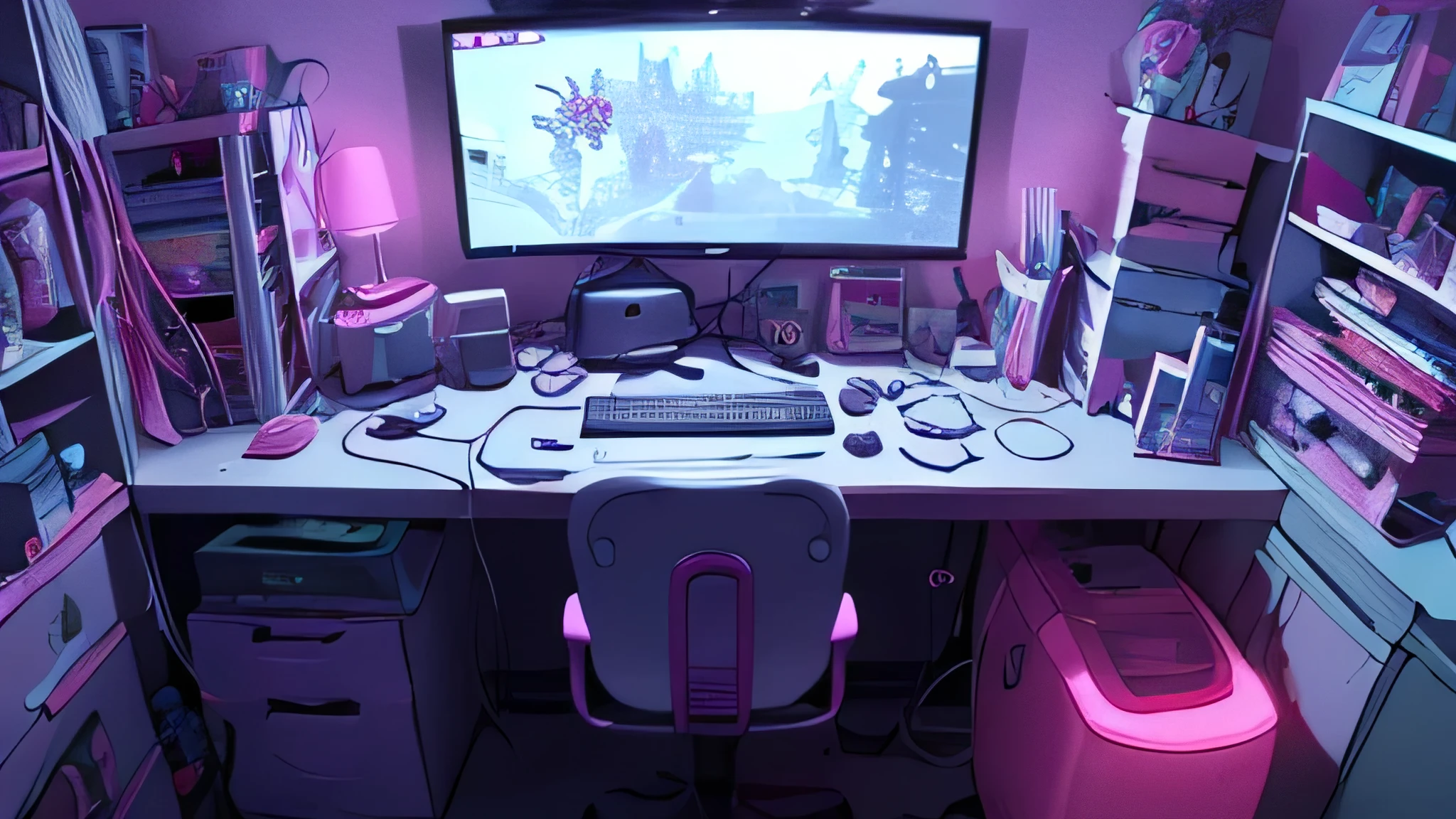 ((best quality)), ((masterpiece)), ((highly detailed)), gamer girl's bedroom, indoors, nighttime, neon lights, colorful lights, purple and light blue color theme, anime posters on the wall, gaming desk with a gaming PC