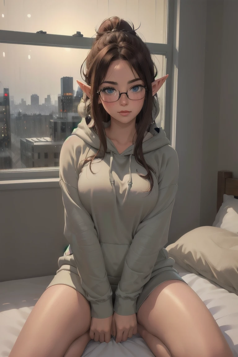 (elf girl), master piece, blushing, freckles, wide hips, slim waist, thick thighs, masterpiece, best quality, sfw, mature 36 year old woman, brown hair, moist face, wavy hair, mouth open, shiny. lips, beutiful round eyes, oversized hoodie, (thick thighs), thick hoodie, inside city apartment, raining outside, rainy day, navy rain, inside, standing nest to bed next to window, nightime, raindrops on window, dark out, mood light, soft lap light, cozy mood, Lofi astetic, the scene emulates an immense feeling of comfort and safety, modern cityscapes, skyscraper nightlights visable through window, midnight, completely dark out, orange lighting, orange moodnlight, Beautiful eyes, the most beautiful eyes youve ever seen, shiny thighs, hands in lap, pointy ears, dark room, extremely dark bedroom, oversized hoodie, Extremely oversized hoodie, bare legs, ponytail,feet on bed, knees close to face, knees up, hugging knees, (thick framed clear glasses:1.2)