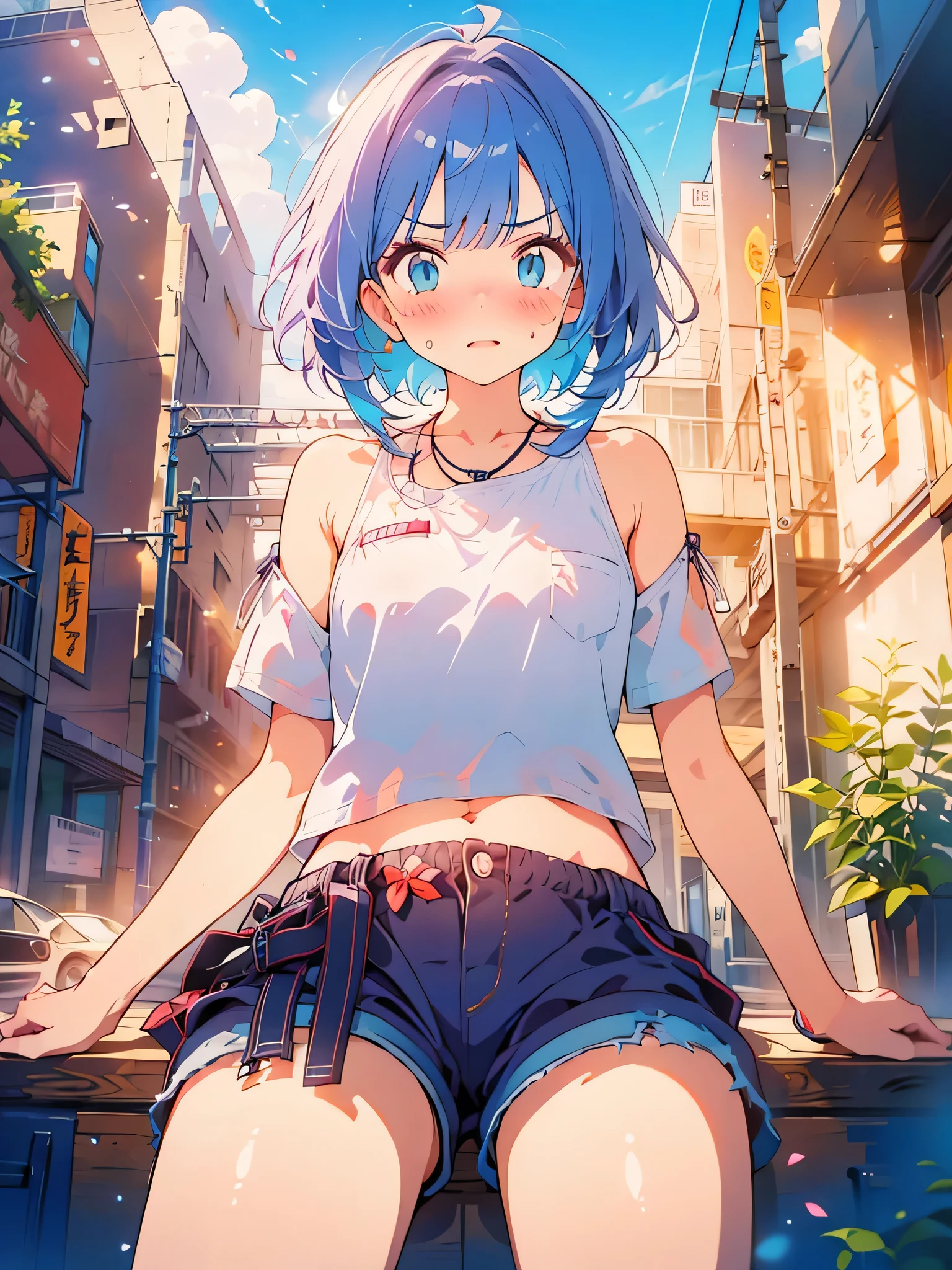 NSFW:1.4,masterpiece, best quality,(((color trace))),looking at viewer,((short stature)),
1girl, solo, open eyes,Embarrassing,((((blue hair)))),green eyes,grim eyes, pigtail, blush, shortcut hair,necklace,Town background, between legs, bow, facing viewer, small breasts, feet out of frame,depth of field,outside,completely naked,